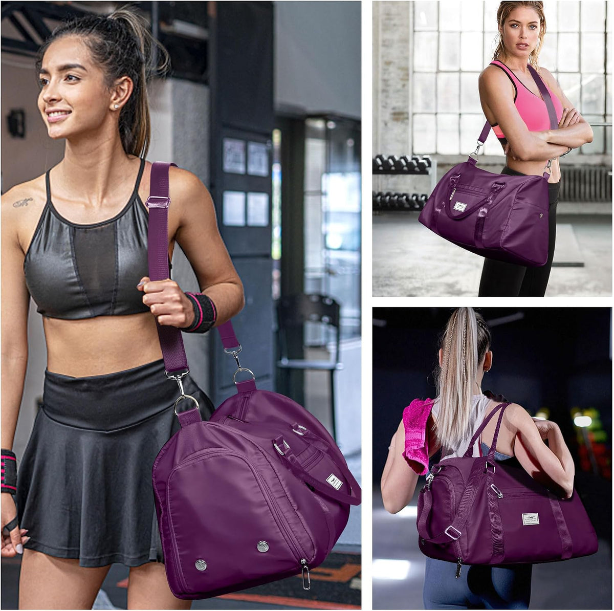 FIORETTO Womens Gym Tote Duffle Bag with Wet Pocket & Shoe Compartment, Sports Duffel Overnight Weekender Hospital Workout Carry on Bag for Girls, Ideal for Travel, Swimming, Dance, Ballet Dark Purple