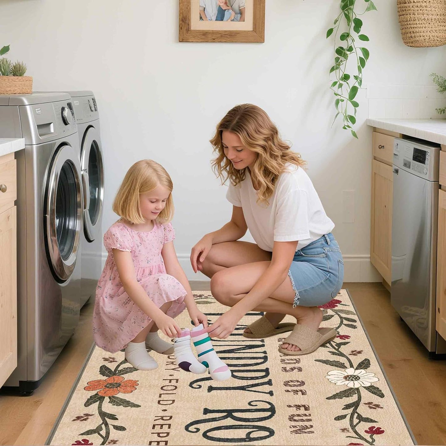 Laundry Room Rug 20"x47" – Low-Profile Boho Non-Slip Runner Rug with TPE Backing, Durable Washable Soft Laundry Mat, Comfortable Floor Mat for Laundry Room Organization, Fits Washer Front, Kitchen Mat
