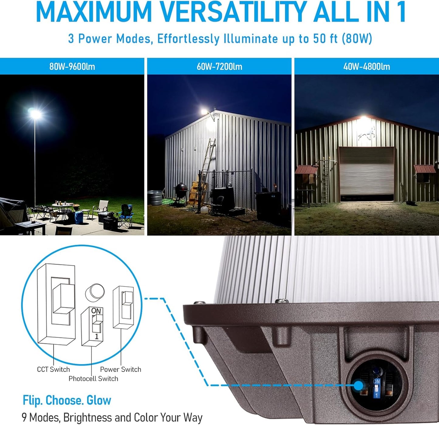 TORCHSTAR 3CCT LED Barn Light, Dusk to Dawn Area Lights with Photocell, Outdoor Security Flood Lighting, Update 40W/60W/80W Selectable, ETL Listed, IP65 Waterproof, Aluminum, 120-277V, Garage, Bronze