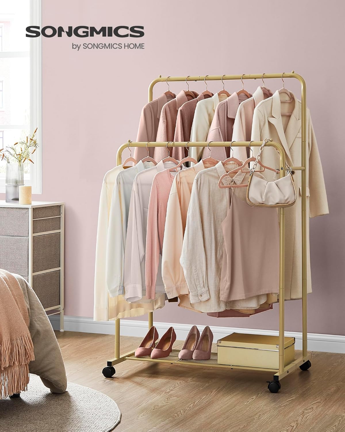SONGMICS Double Rods Clothes Rack with Wheels, Clothing Rack for Hanging Clothes, Heavy Duty Garment Rack with Mesh Storage Shelf, 2 Brakes, Each Top Rail Holds up to 77 lb, Gold UHSR026A01