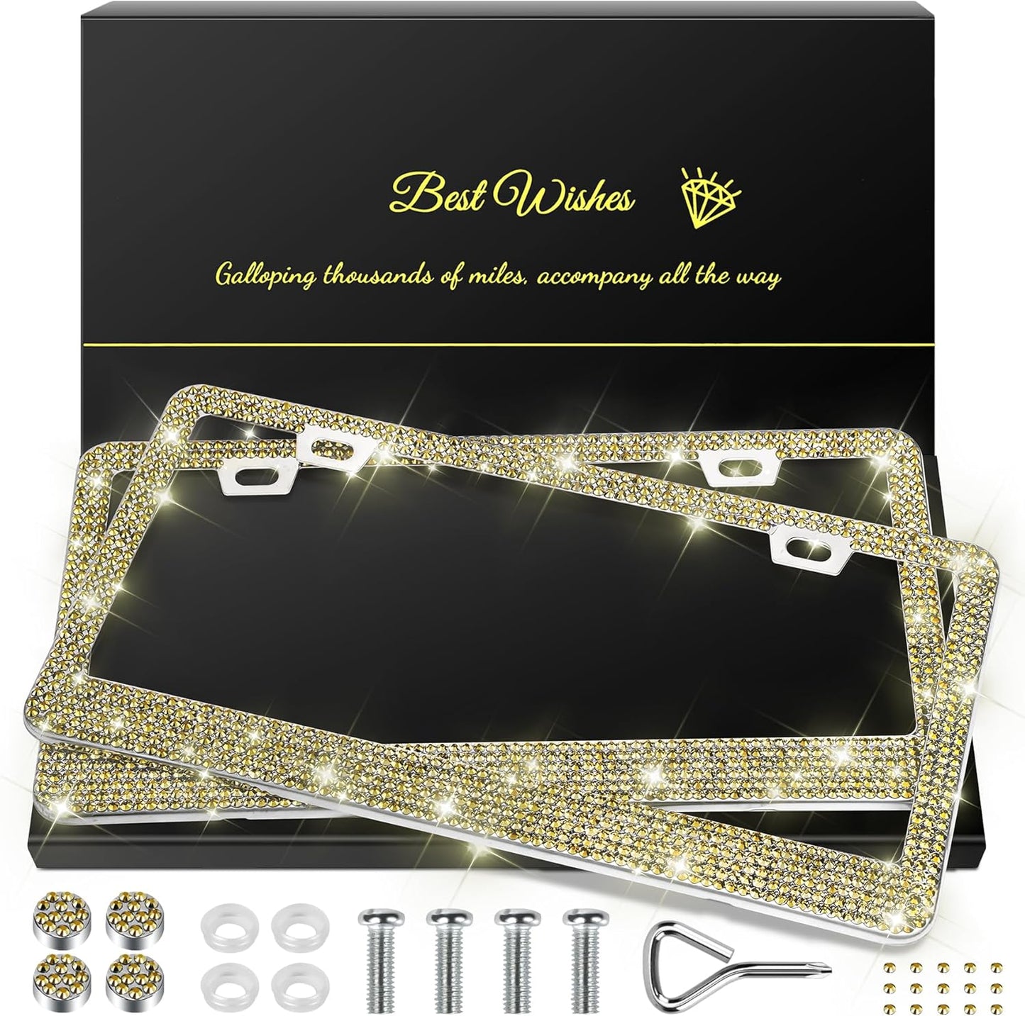 QUANQIUFEI 2 Pack Bling License Plate Frames for Women, Sparkly Rhinestone Diamond Car Accessories with Glitter Crystal Caps (Black)