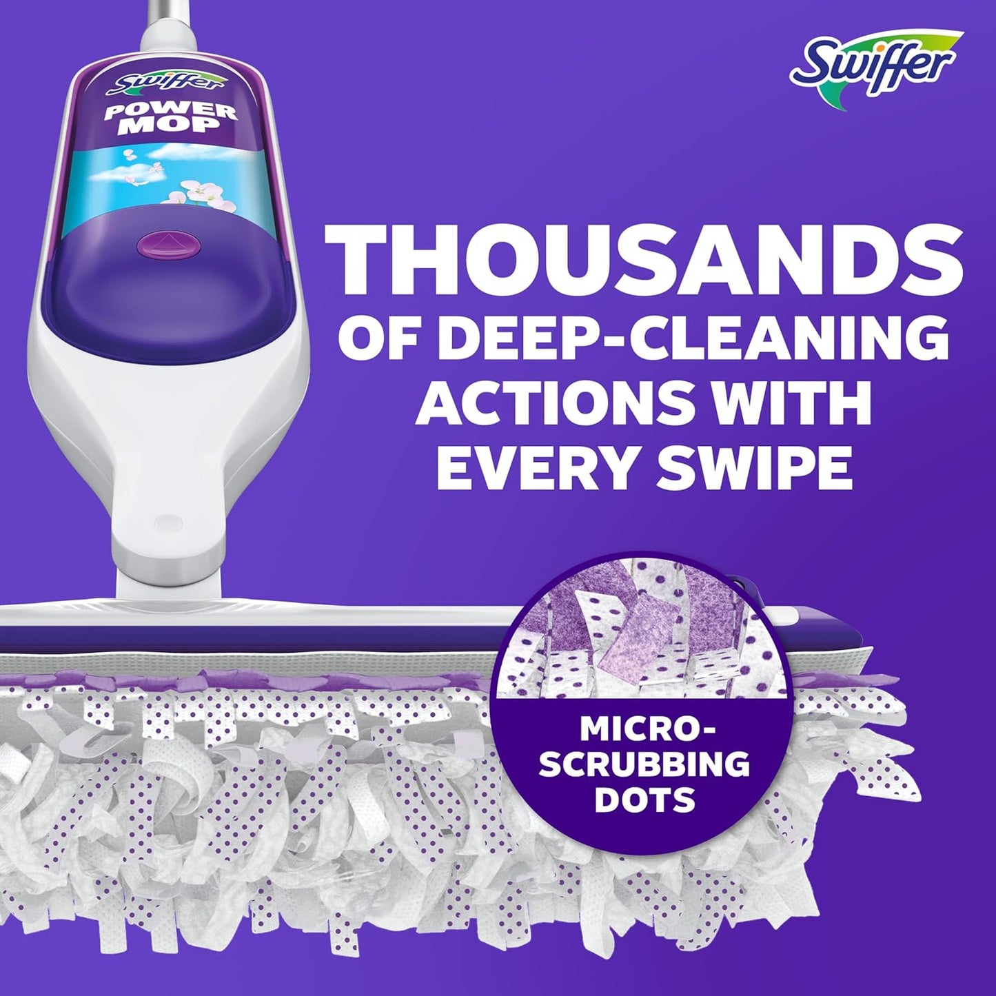 Swiffer PowerMop Mopping Kit for Floor Cleaning, Set Includes 1 Power Mop, 2 Replacement Pads, 1 Liquid Solution Refill, 2 Batteries, No Bucket Needed Electric Spray Cleaner, Multi-Surface and Wood