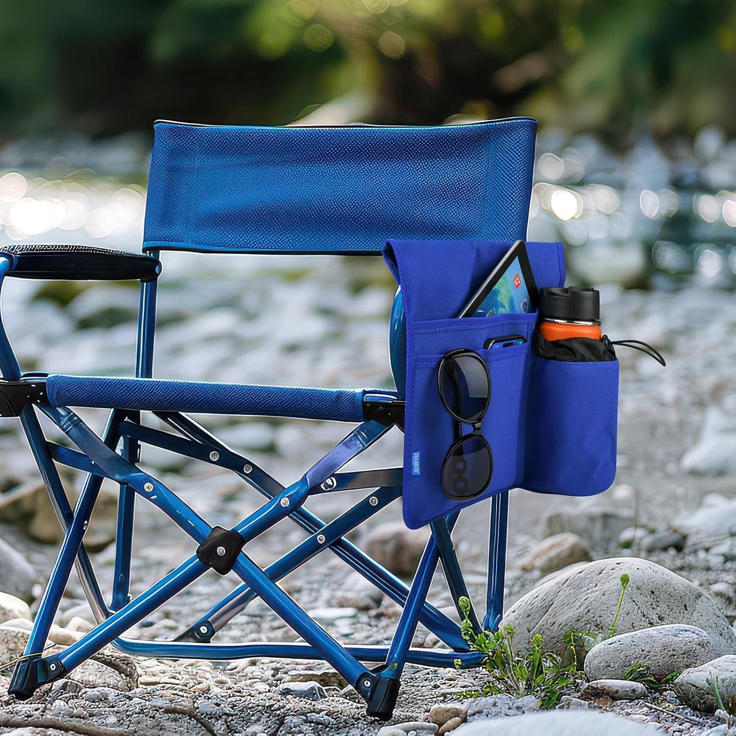 Xxerciz Beach Chair Cup Holder, Camping Chair Armrest Drink Organizer with Easily Attached Hook and Loop Strap, Universal Chair Accessory for Water Bottle, Sunglasses, Phone, Tablet, etc. (Blue)