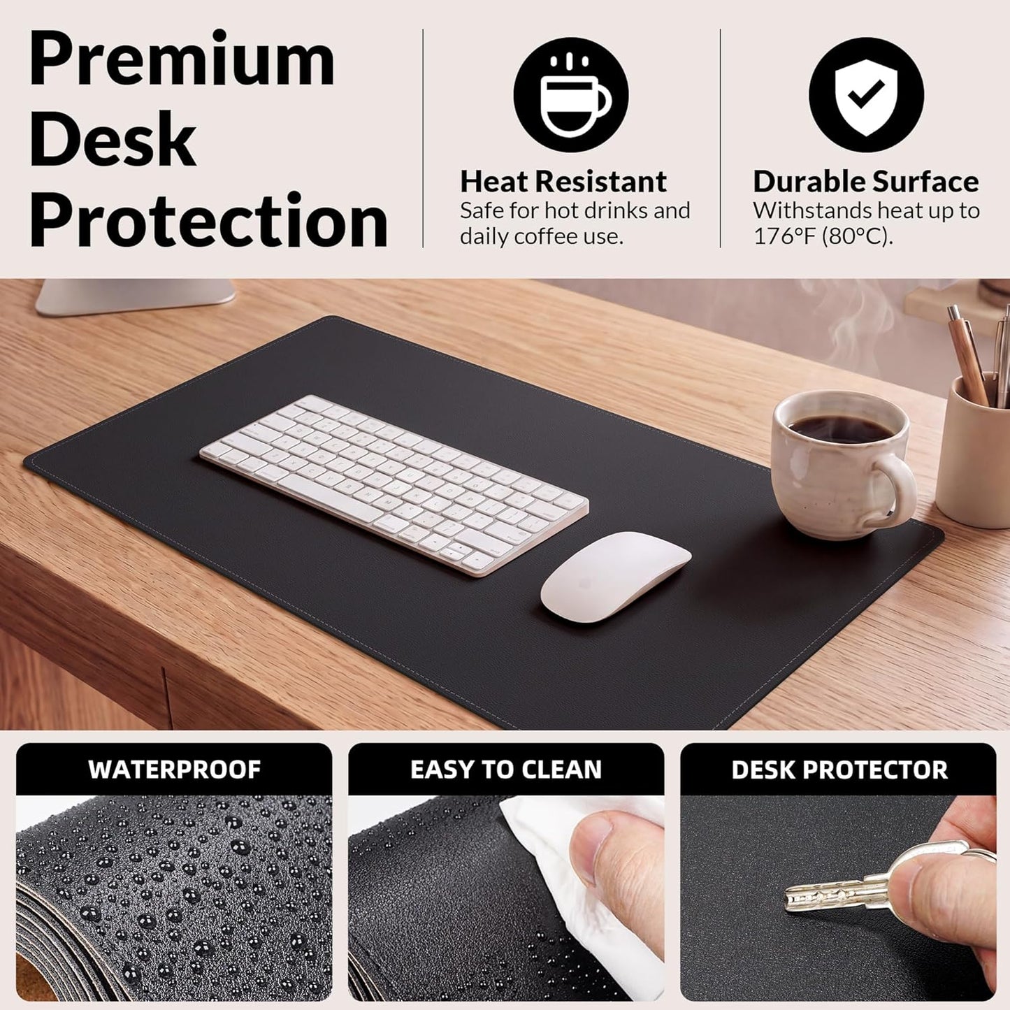 AFIING Cork Desk Mat 31.5" x 17", Waterproof Dual-Sided Cork & PU Leather Desk Pad, Non-Slip Desk Protector for Home Office, Workspace Setup & Gaming, Black