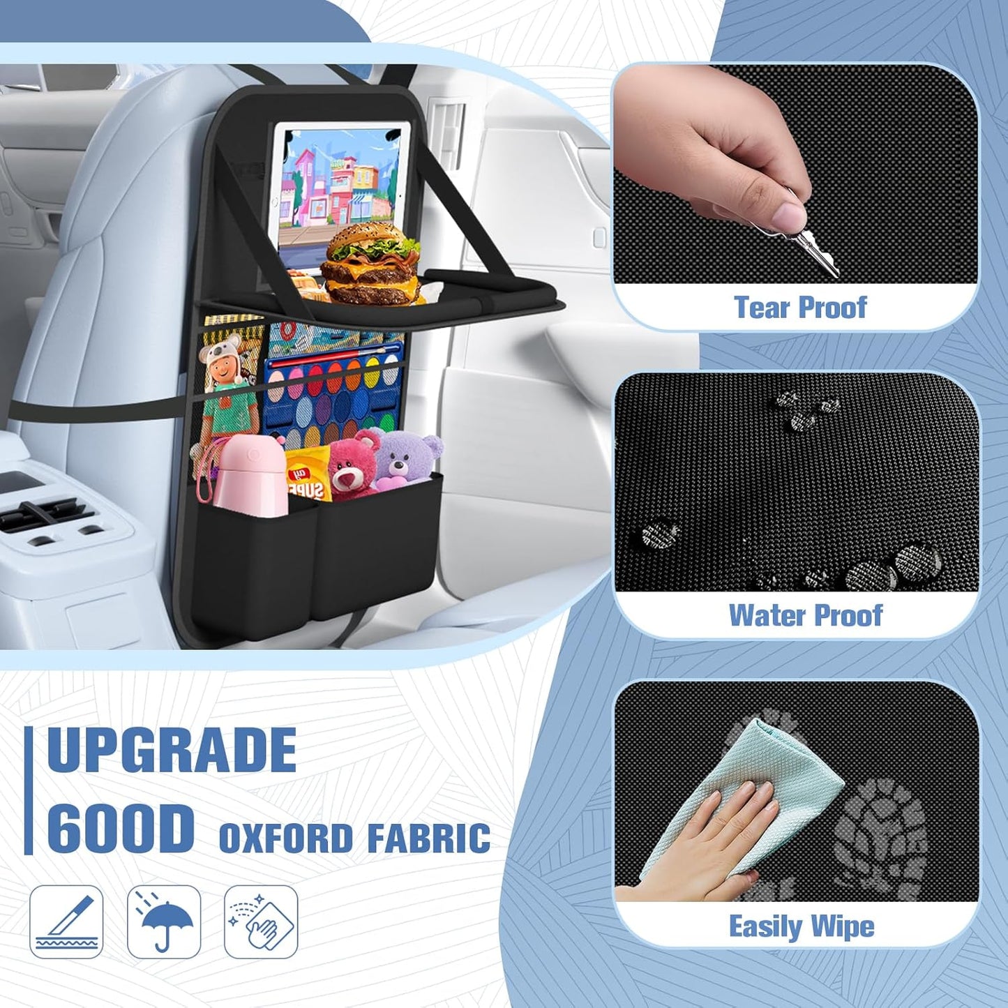 Car Backseat Organizer with table Tray(1Pack) 9 Storage Pockets Backseat Car Organizer with Tablet Holder, Back seat Organizer for Kids Road Trip Essentials Travel