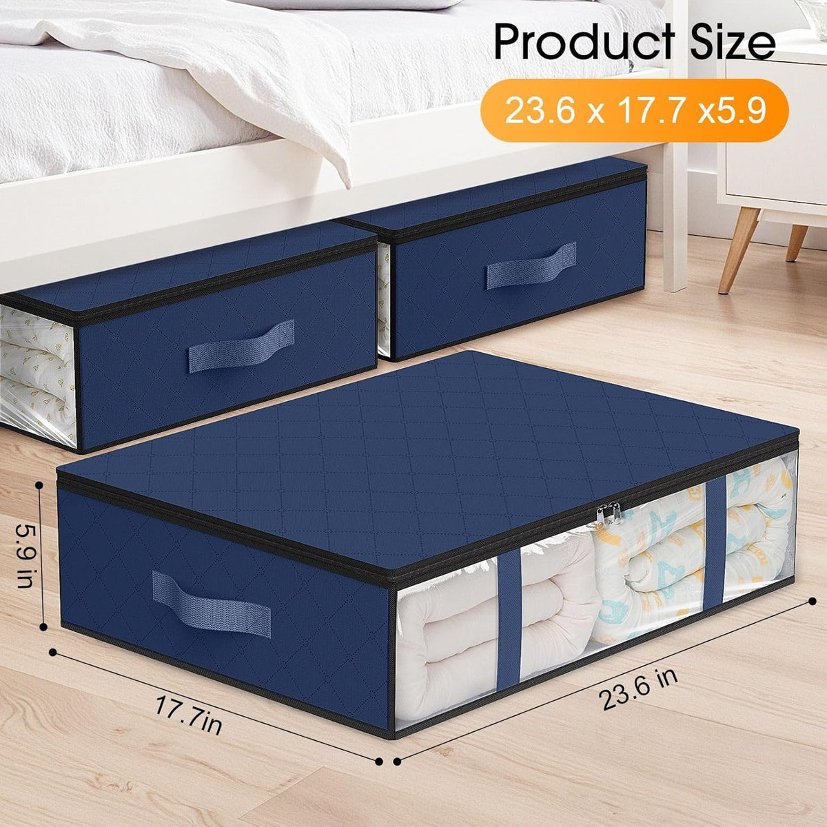 StorageRight Under Bed Storage Bags 3 Pack, 40L Large Clothes & Comforter Storage Containers with Clear Window, Breathable Fabric Organizer for Blankets, Bedding, Seasonal Clothing, Blue