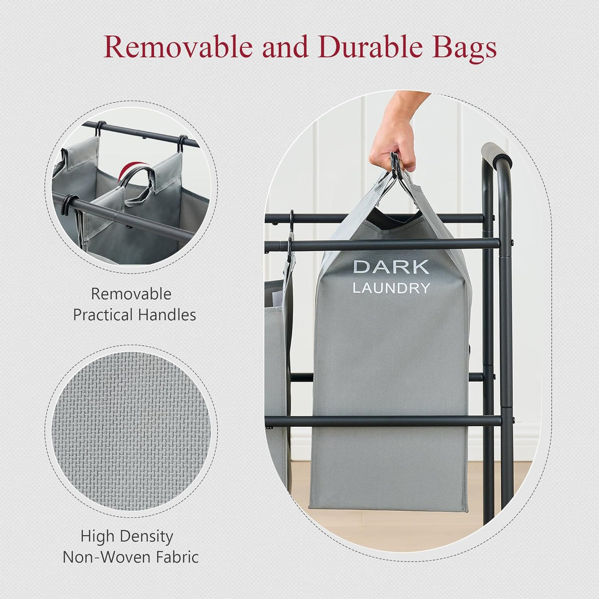 Tajsoon Laundry Sorter, Laundry Hamper 5 Section with Heavy Duty Rolling Lockable Wheels, Laundry Basket Organizer with Removable Bags for Dirty Clothes Storage, Grey