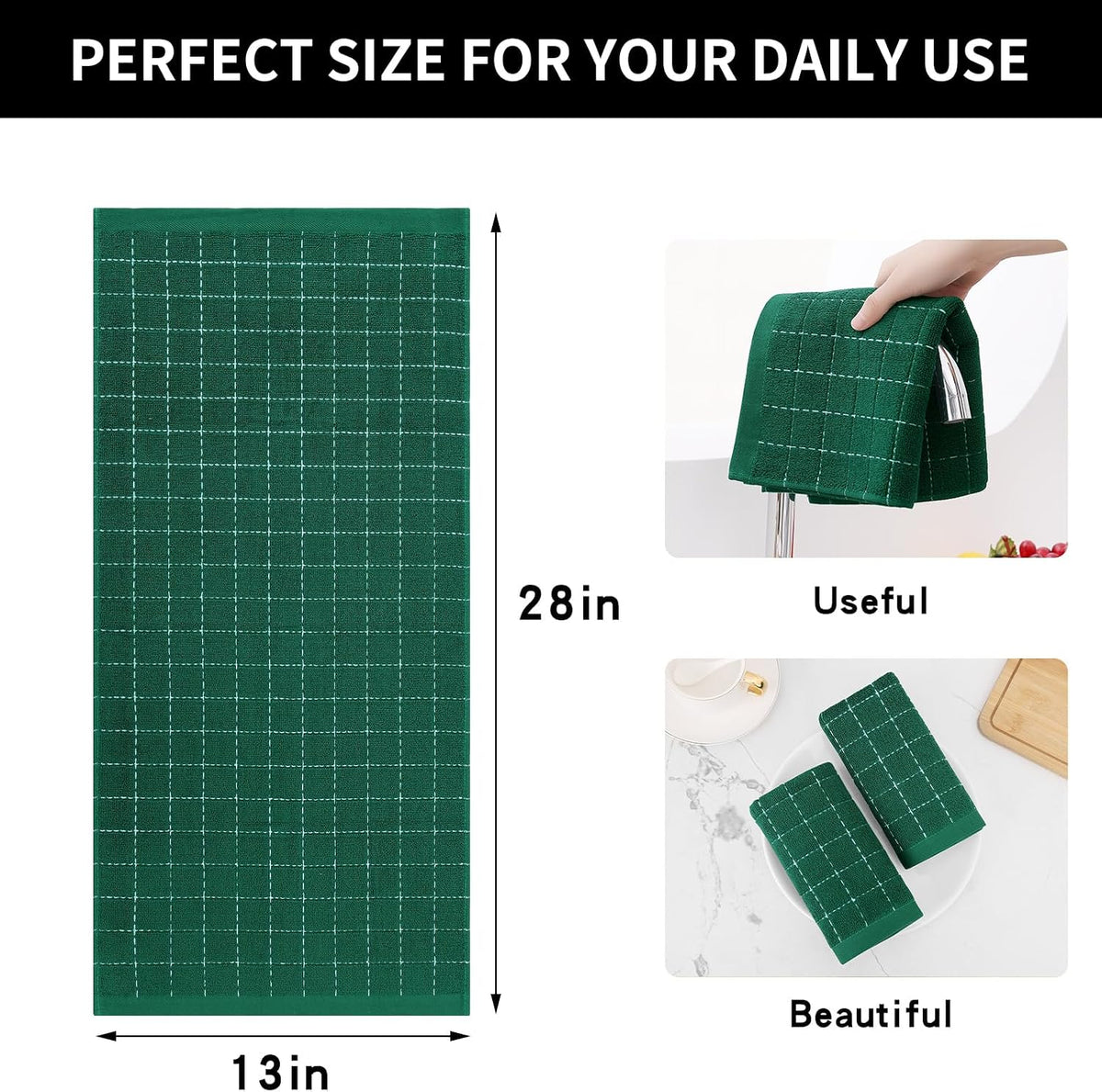Homaxy 100% Cotton Terry Kitchen Towels, 4 Pack, Dark Green