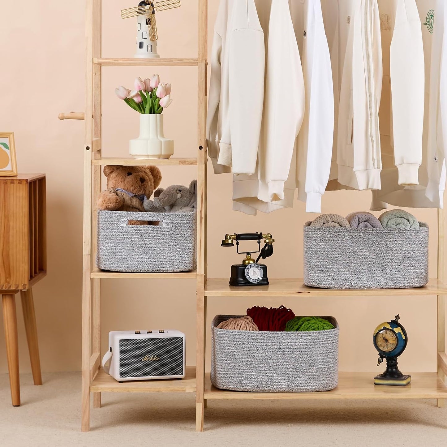 MiniArk Large Storage Baskets for Organizing, 17 x 13 x 7.5” Closet Shelf Baskets for Clothes Blanket Towels, Baby Nursery, Toy Bins Box, Woven Rope Baskets, 4 Packs Mixed Grey