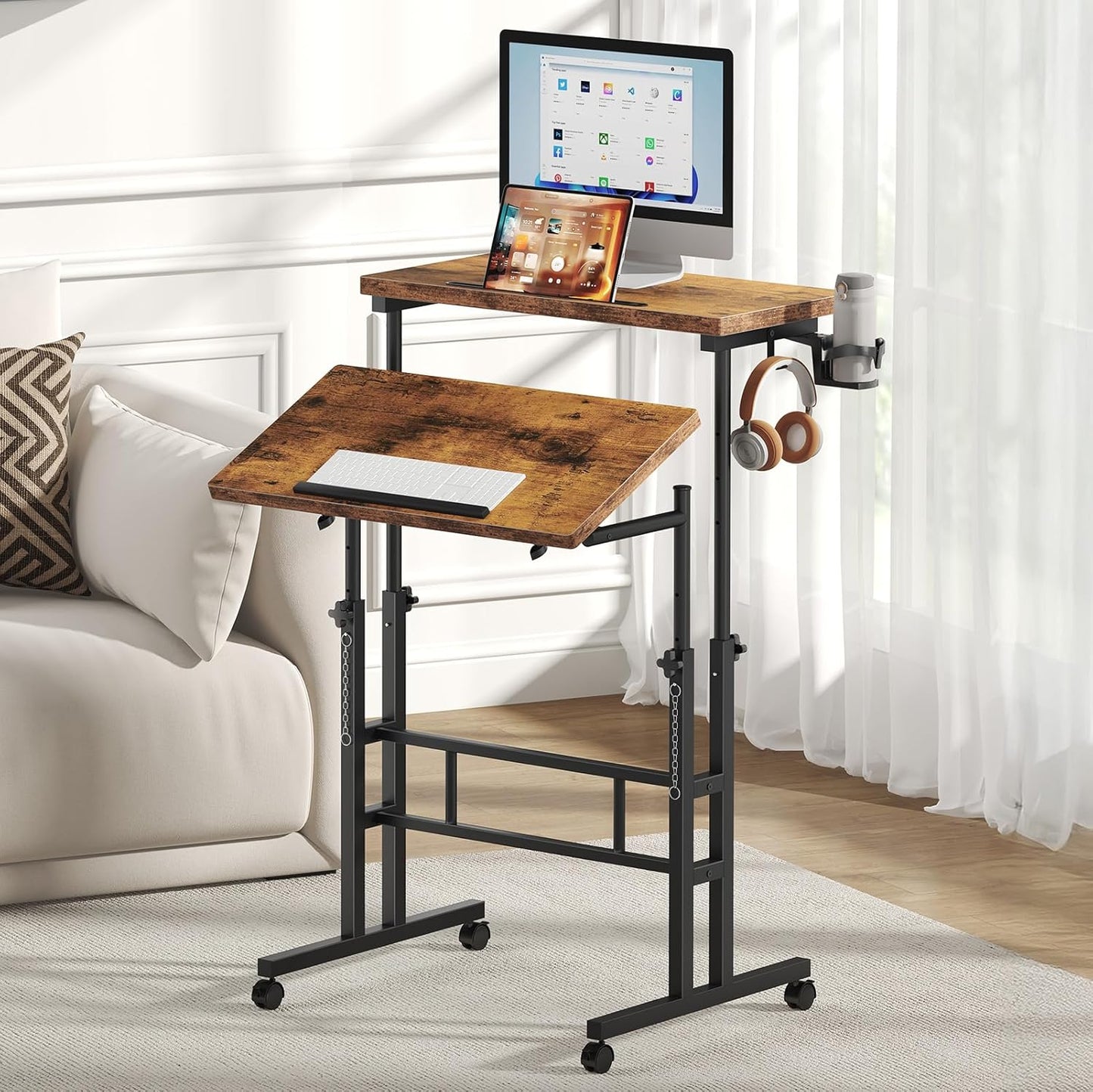 DUMOS Split Top Rolling Standing Desk, 23.6" Mobile Laptop Desk, Manual Height Adjustable Workstation on Wheels, Sit Stand Office Table, Walking Pad Study Desk, Rustic Brown