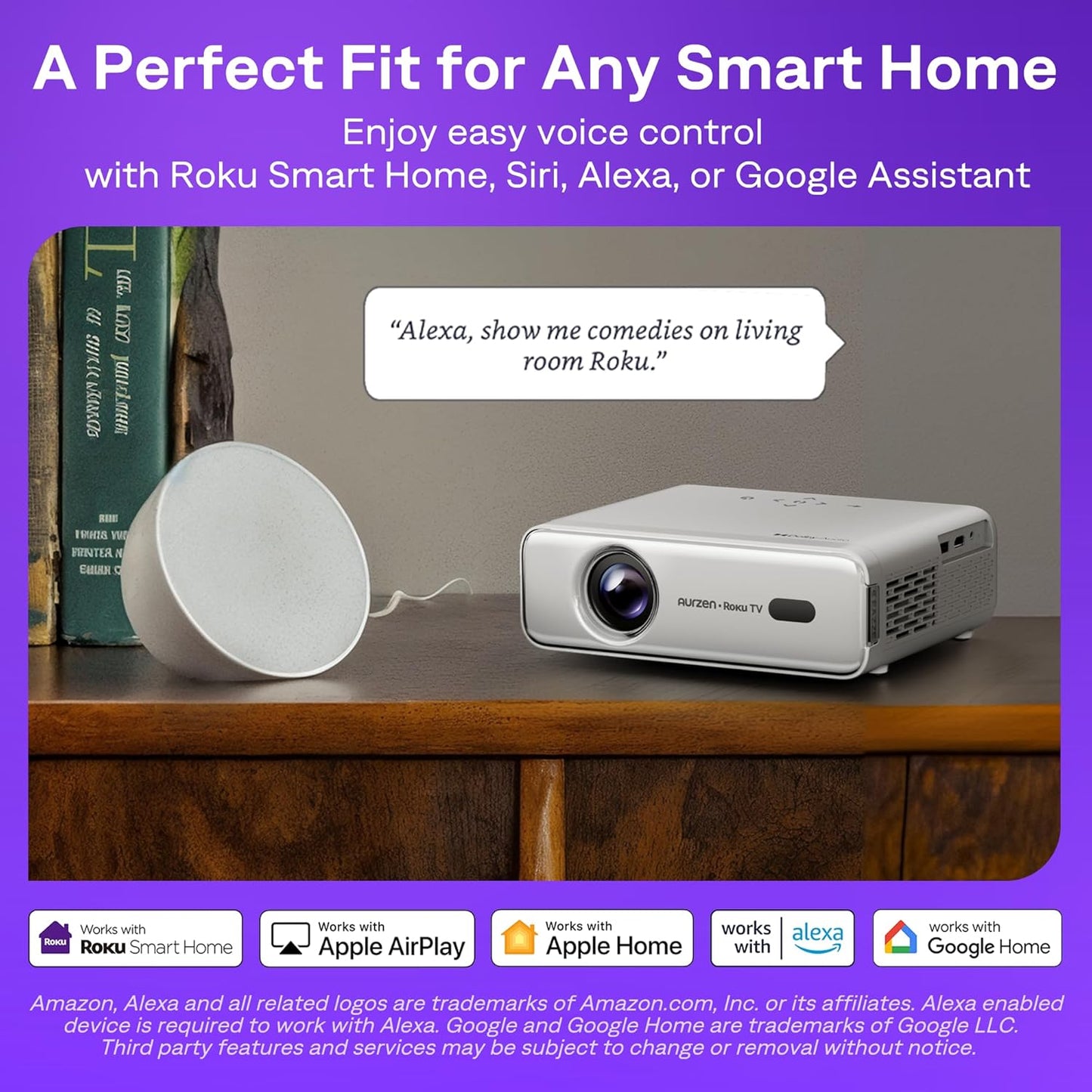 Aurzen Roku TV Smart Projector with Wifi and Bluetooth, Roku TV Built-in, 1080P FHD, DoIby Audio, Auto Focus & Keystone, Zoom, Movie Portable Outdoor Mini Projector for Soccer Football Game, White