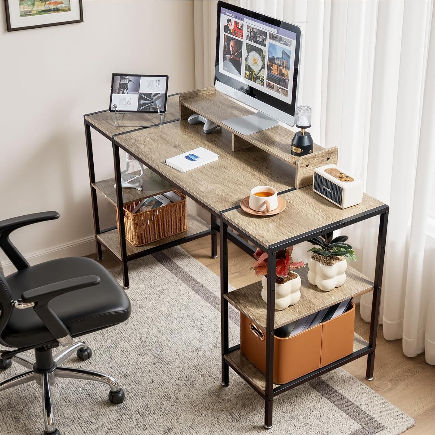 MINOSYS Gaming/Computer Desk - 47” Home Office Small Desk with Monitor Stand, Rustic Writing Desk for 2 Monitors, Adjustable Storage Space, Modern Design Corner Table.