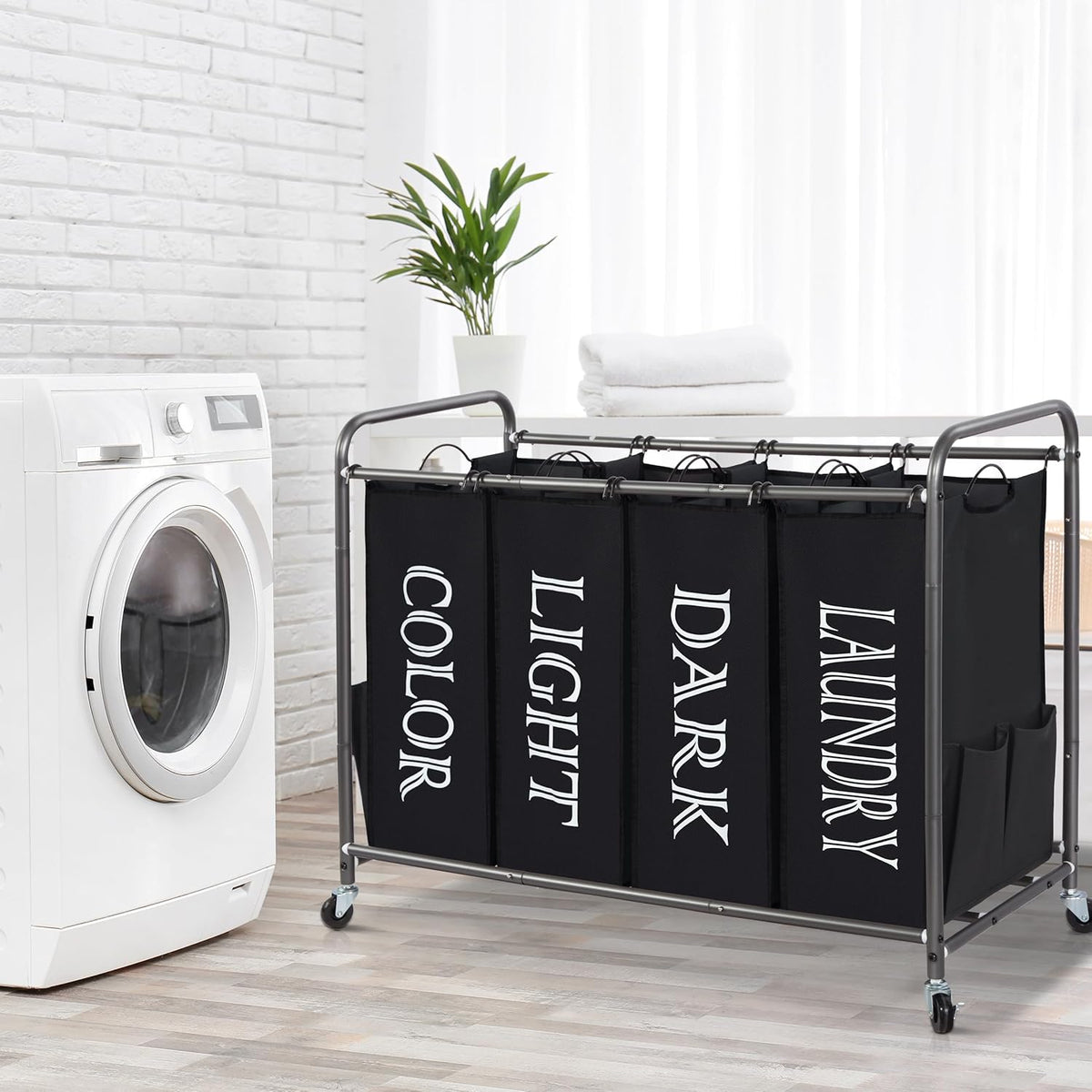 STORAGE MANIAC Laundry Sorter 4 Section, 47.8 Gal (181 L) Laundry Hamper with Wheels, Clothes Divider Basket Sorter, Clothes Separator Hamper Cart with Wheels and Removable Bags, Label Black
