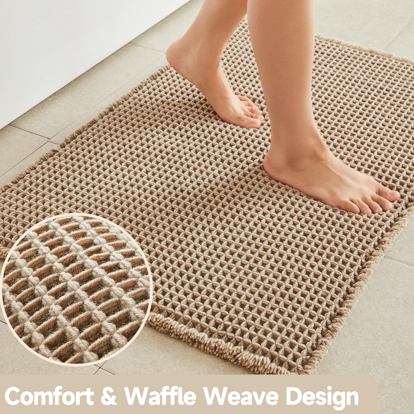 TYUU Waffle Bath Mat, Boho Bathroom Rugs Non Slip Washable Super Absorbent Quick Dry Bath Mat Farmhouse Bathroom Decor, 30"x20" Beige