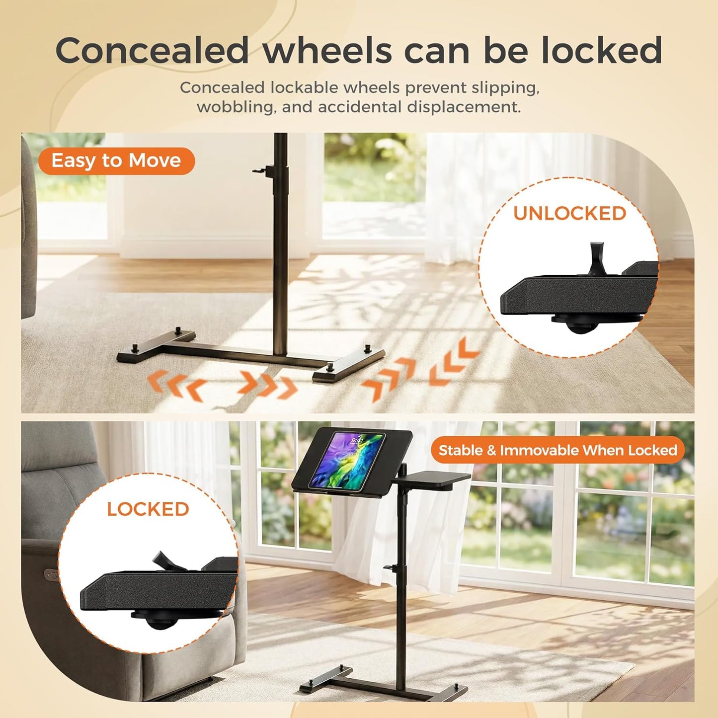Aothia Small Standing Desk Rolling Table Adjustable Height, Laptop Mobile Stand with Wheels, Overbed Table, Portable Computer Workstation with Tiltable Desktop for Teacher Classroom Home Office, Black