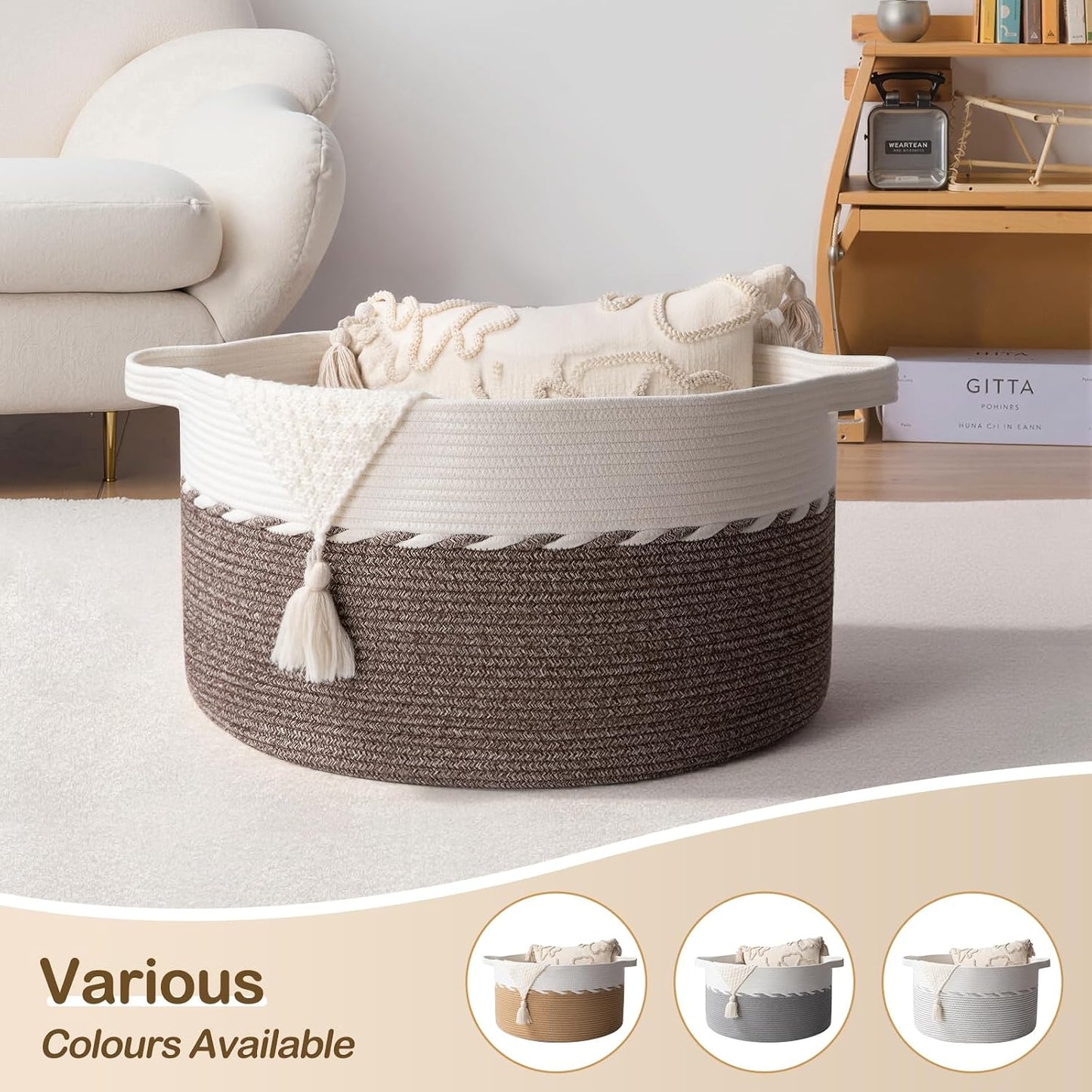 OIAHOMY 105L Extra Large Blanket Basket - Decorative Cotton Rope Storage Basket for Bedroom, Living Room & Nursery - Woven Laundry Hamper for Organizing Blankets, Clothes & Toys - Light Brown & White
