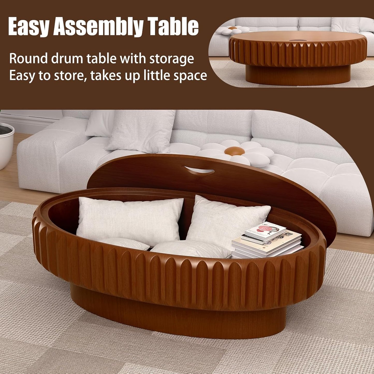 43.3'' Oval Coffee Table with Storage for Living Room, Brown | Mid Century Modern Fluted Drum Wood Coffee Tables with Lid, Sturdy Pedestal Center Tables for Apartment, Easy Assembly