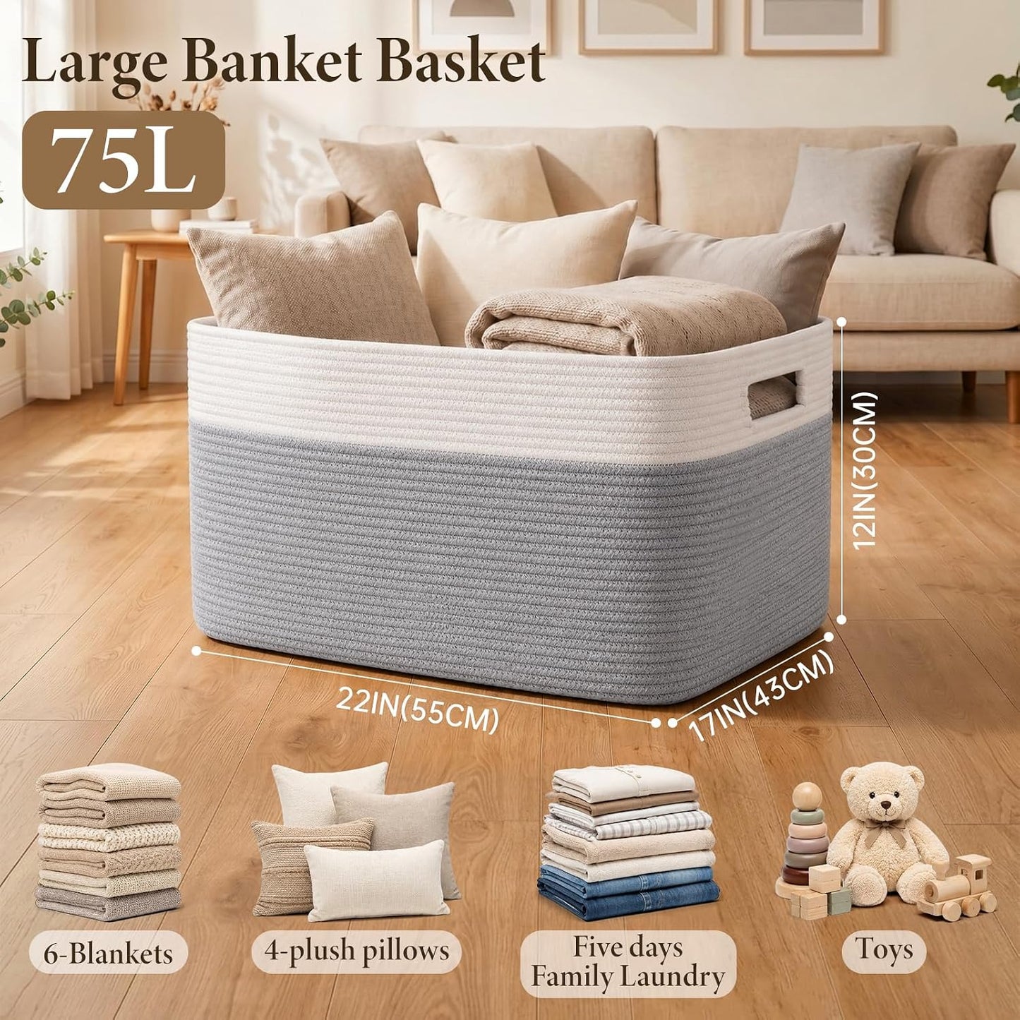 75L Large Cotton Rope Basket, Soft Toy Storage Bin for Nursery & Living Room, Decorative Blanket Basket for Bedroom, Baby-Safe Organizer for Pillows &Laundry, 22''×17''×12'', Grey and White