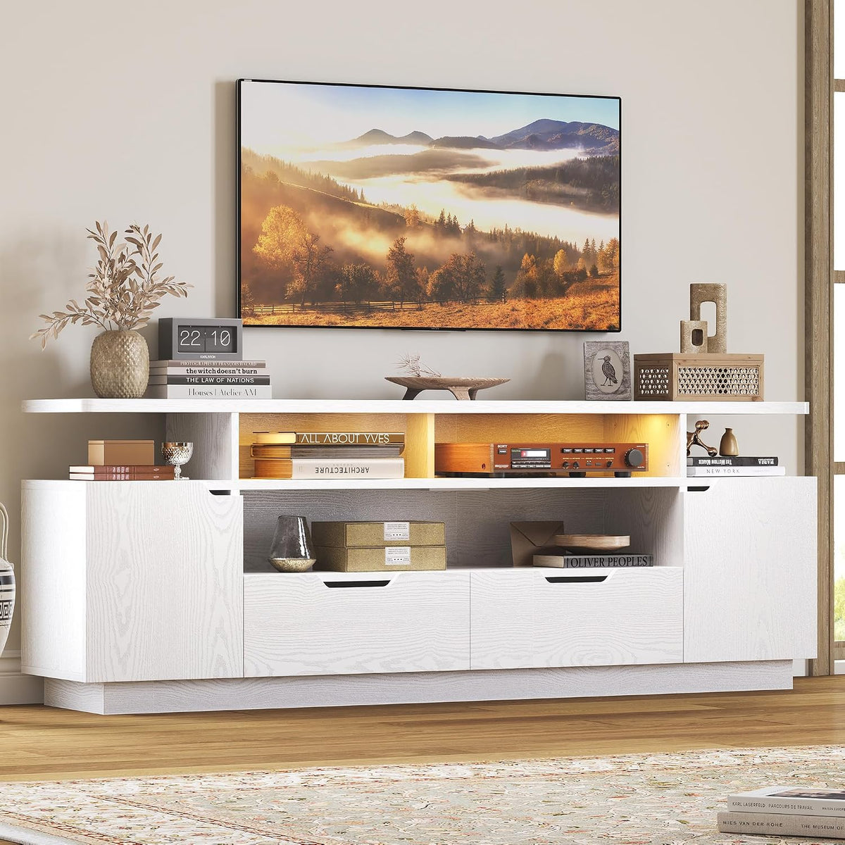 IRONCK TV Stand for TVs up to 85", LED Lights and Power Outlets, White