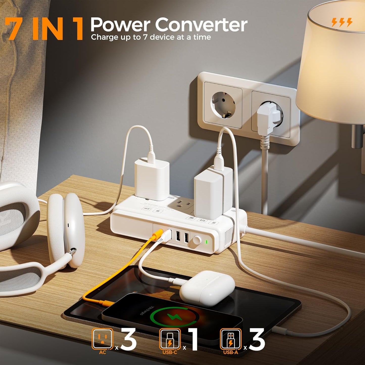 220V to 110V Voltage Converter, TESSAN Universal Travel Adapter with 4 USB Charger (1 USB C), 3 AC Sockets and EU/UK/AU/IT Plug Power Adaptor, Step Down Transformer Outlet-Not for Hair Dryers
