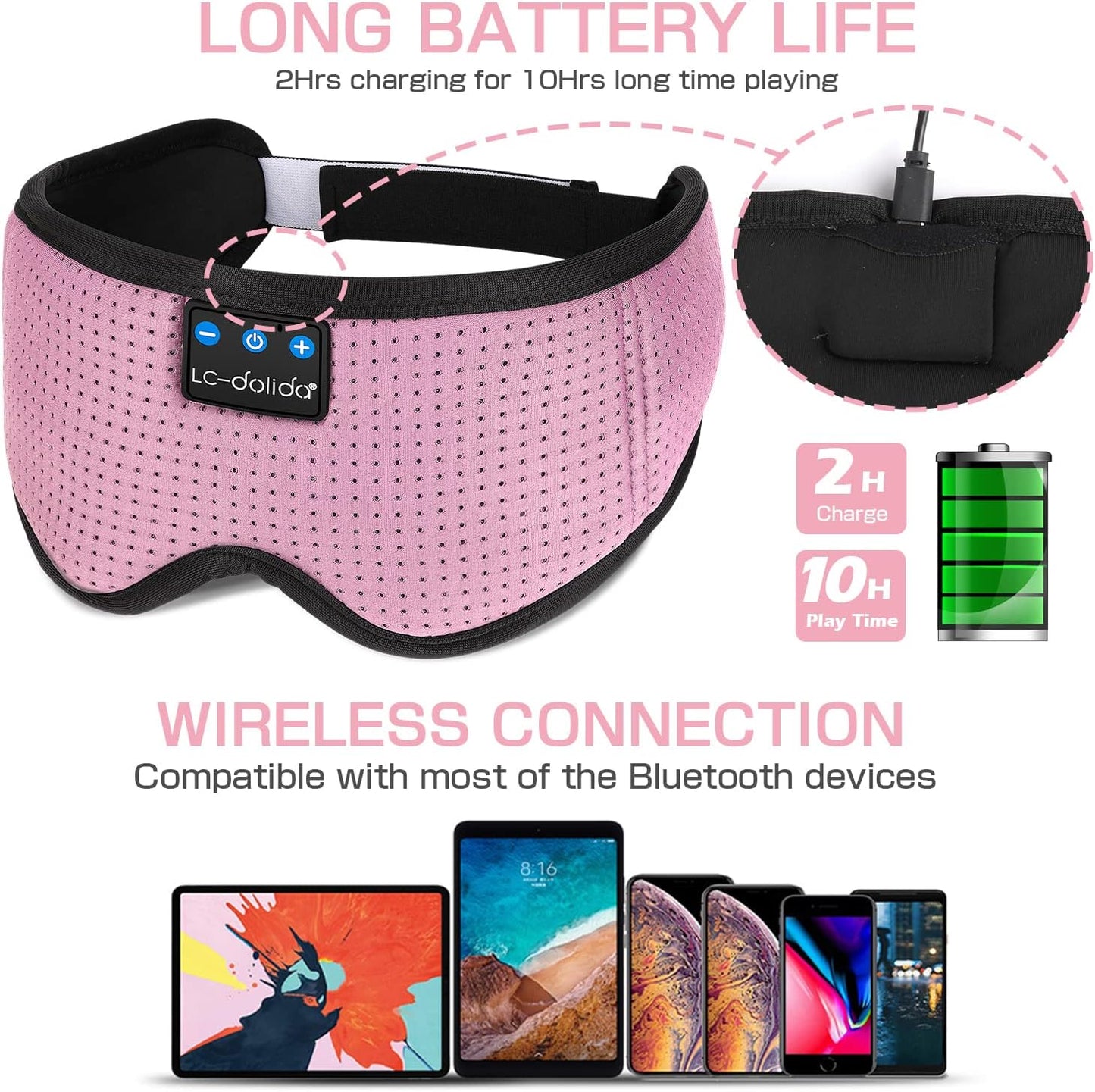Sleep Mask with Bluetooth Headphones,LC-dolida Sleep Headphones Bluetooth Sleep Mask 3D Sleeping Headphones for Side Sleepers Best Gift and Travel Essential (Classical Pink)