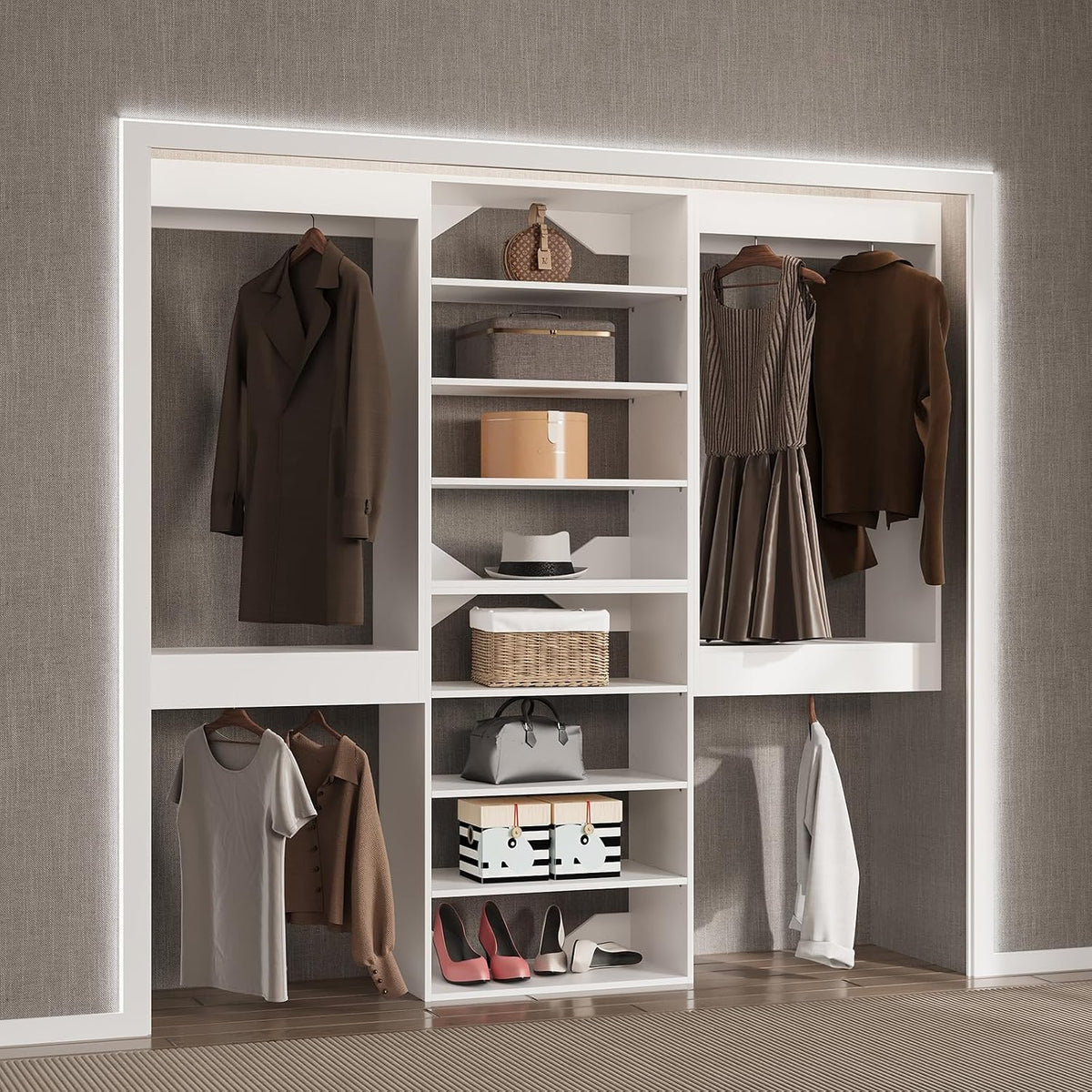 Modular Closet Organizer, 72" Wide, Wood Tower, Walk In Closet Storage, Wall Mounted, White
