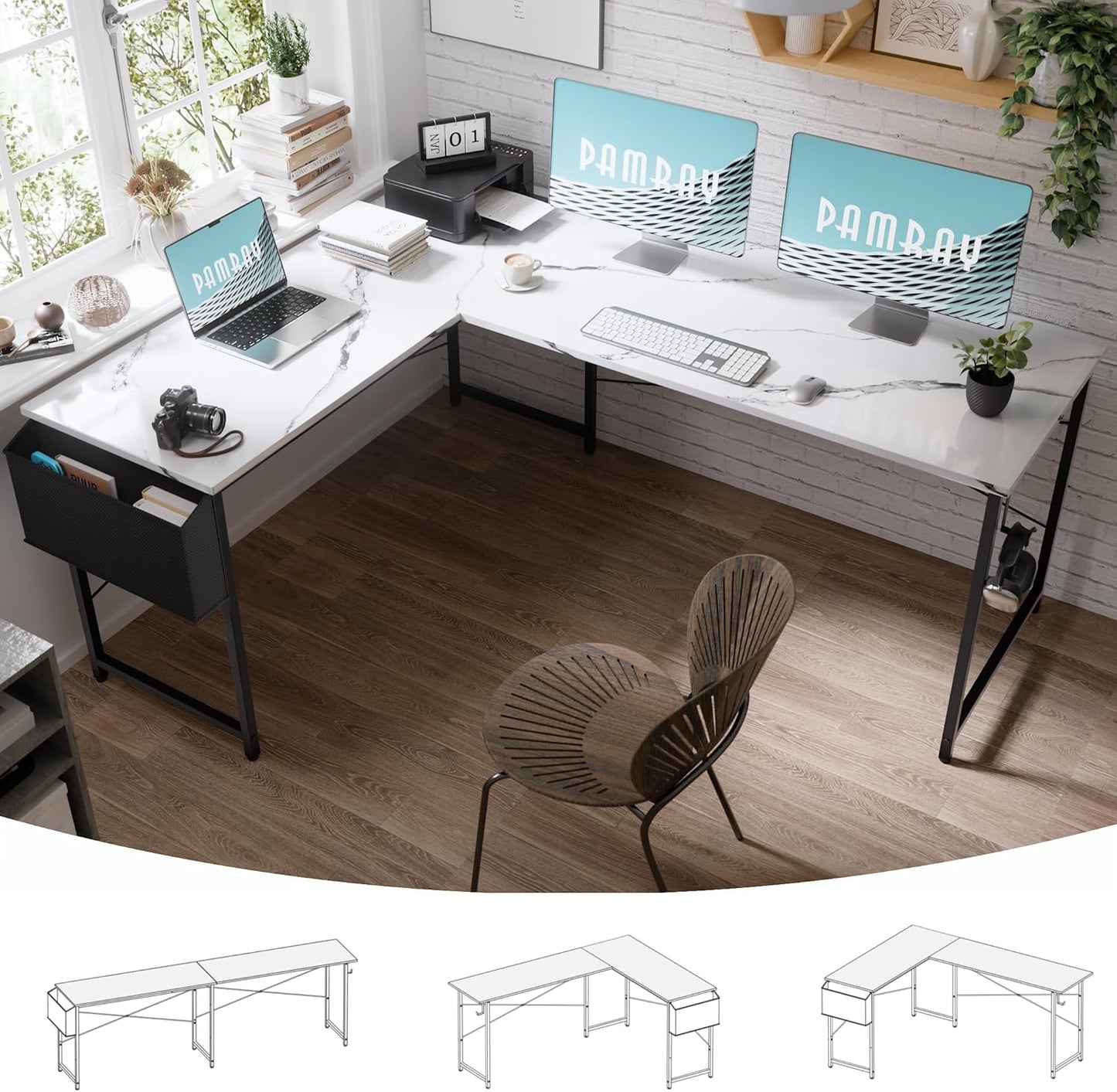 Pamray 64.5 Inch Reversible L Shaped Gaming Desk Large Corner Computer Desk with Storage Bag Home Office Table for Writing Study Marble