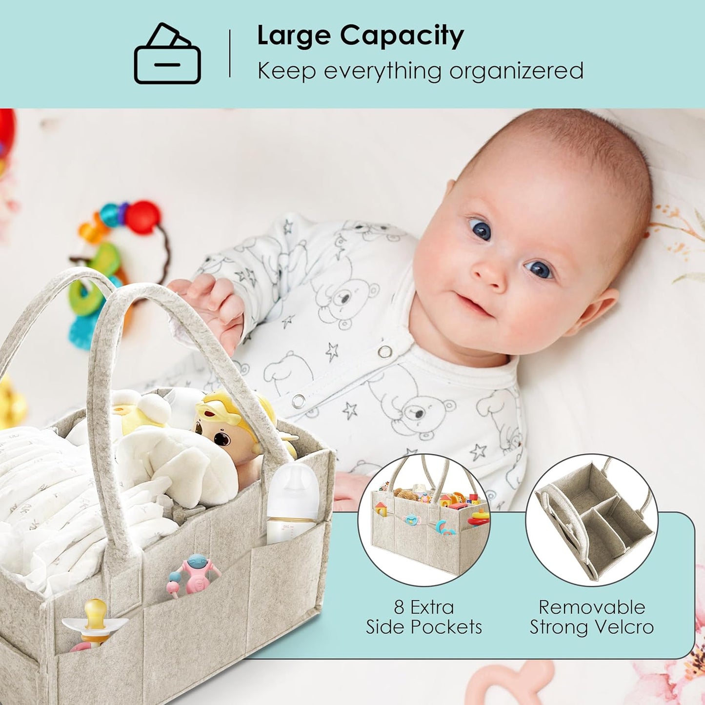 HIPHOP PANDA 2-Pack Diaper Caddy Organizer - Newborn Essentials Baby Registry Must Haves - Sturdy Nursery Storage Bin & Portable Car Caddy for Diapers & Wipes - Grey/Oatmeal Gift Set