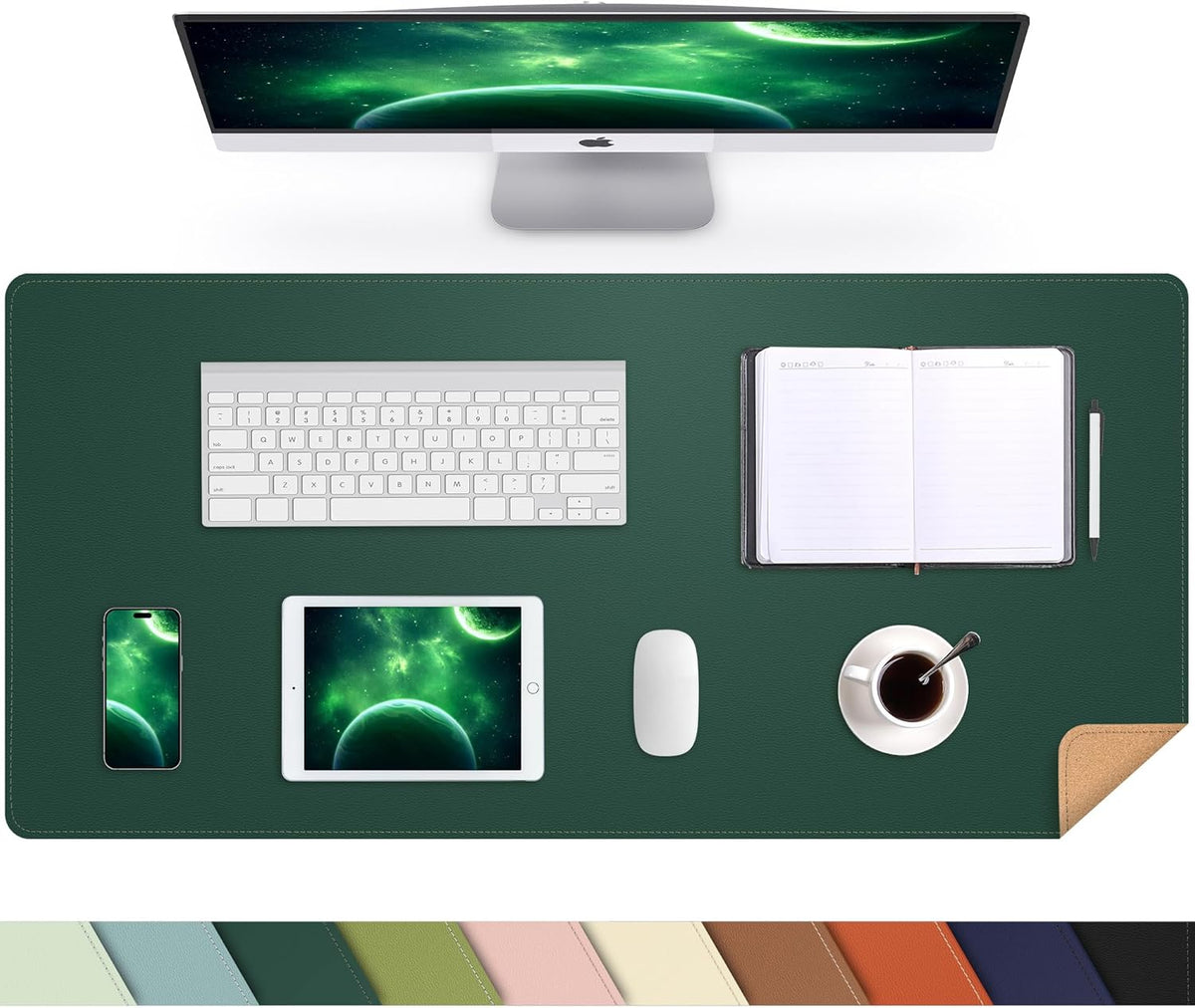 AFIING Cork Desk Mat, Dark Green, 35.4" x 17",Desk pad Protector