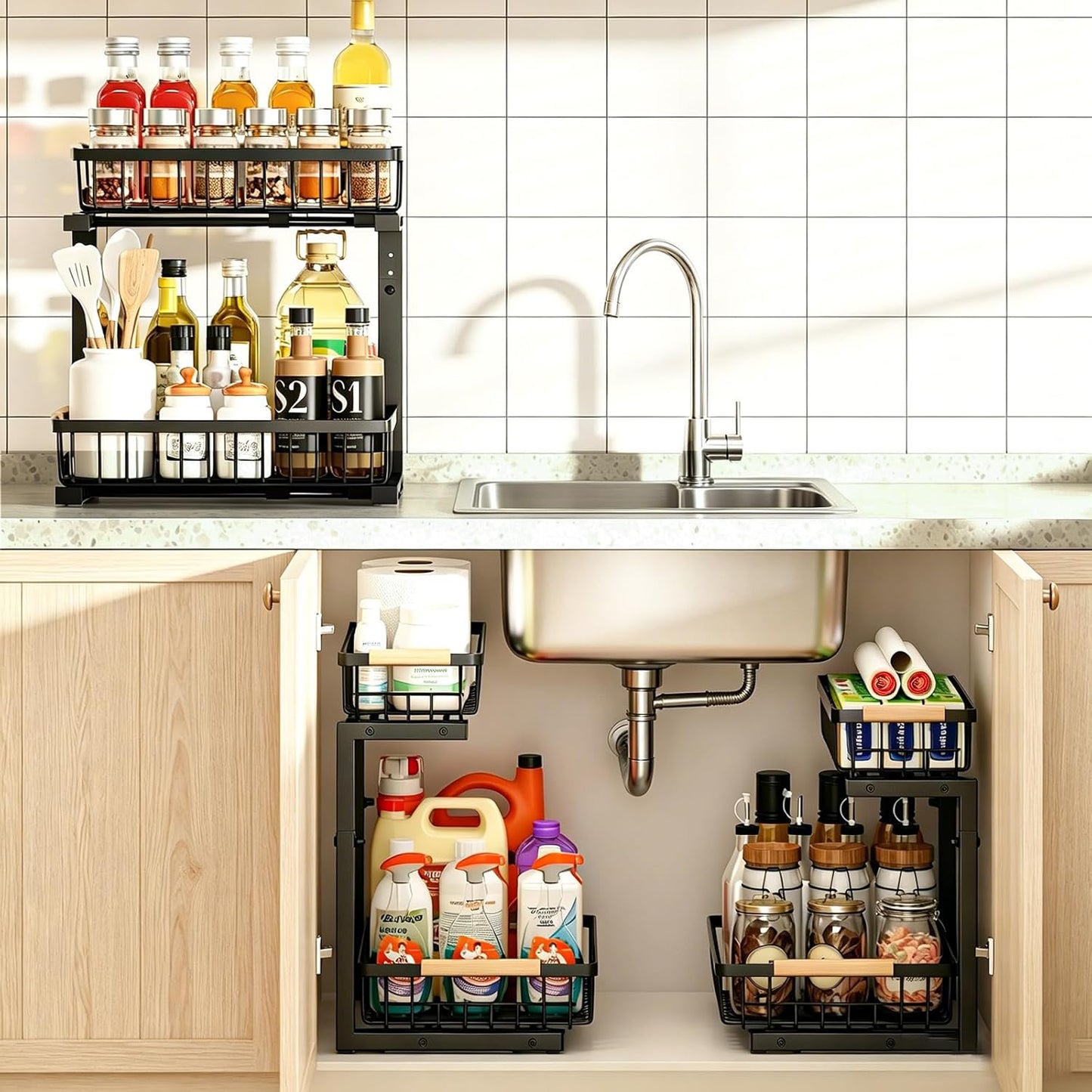 REALINN Under Sink Organizer, Height Adjustable 2 Tier Pull Out Cabinet Storage, L-Shaped Drawer Organizer for Kitchen Sink Organizer, Bathroom Organizers and Storage, Smooth Sliding Rails, Black