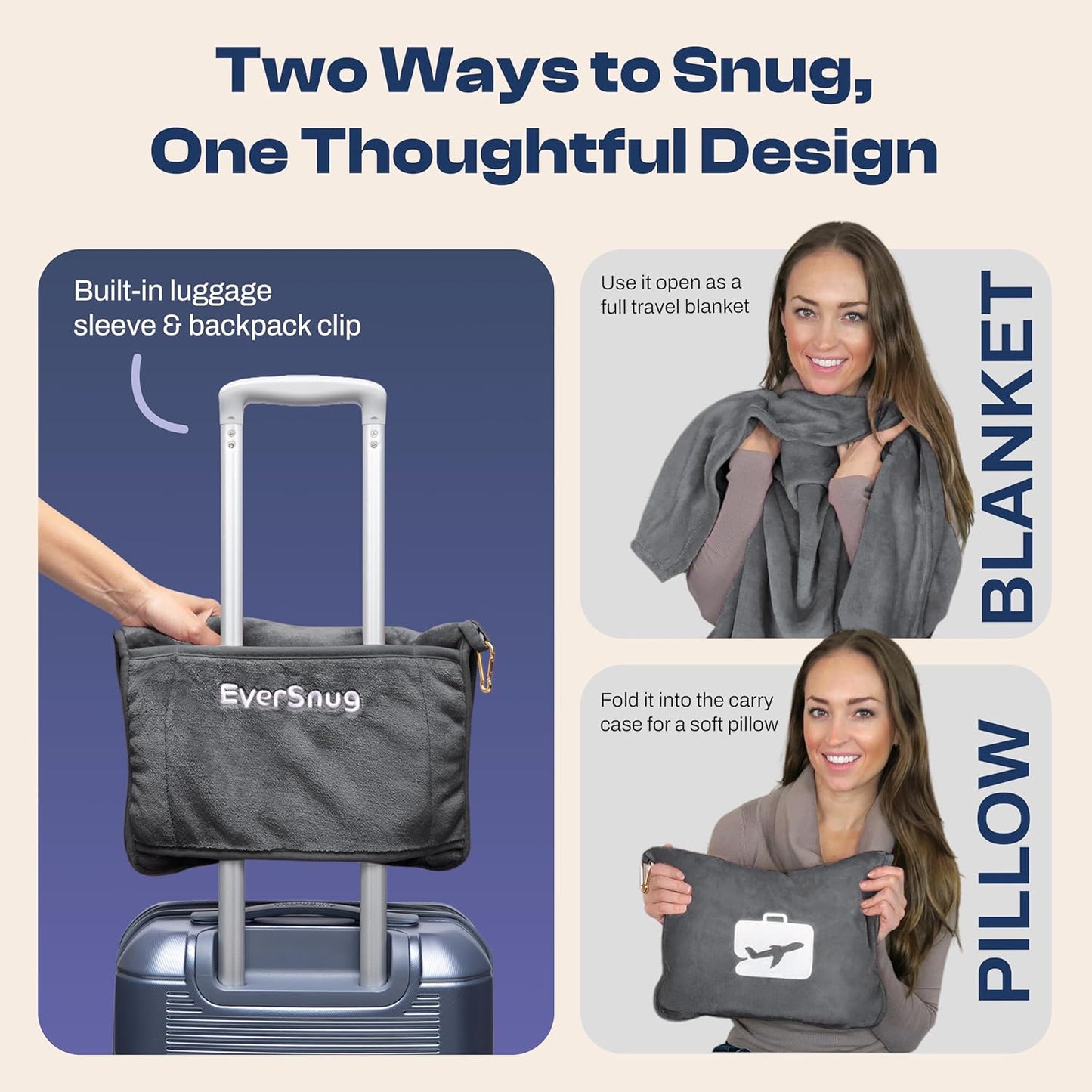 EverSnug Travel Blanket and Pillow - Premium Soft 2 in 1 Airplane Blanket with Soft Bag Pillowcase, Hand Luggage Sleeve and Backpack Clip (Grey)