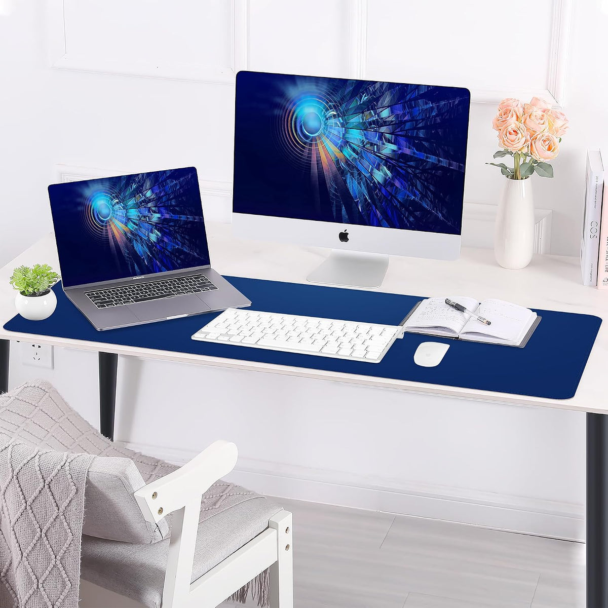AFIING Leather Desk Pad Protector, Large Desk Mat with Natural Cork & PU Leather, Mouse Pad, Non-Slip, Waterproof Desk Writing Pad for Office and Home, Sapphire Blue