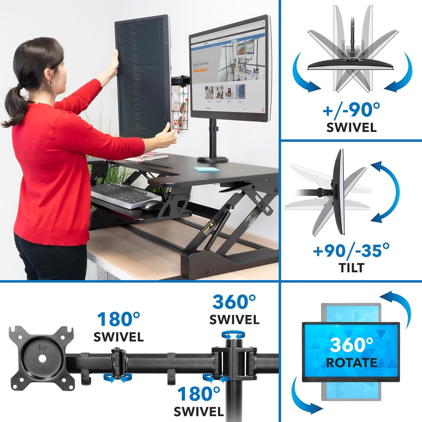 Mount-It! Standing Desk Converter Dual Monitor, 2 Screen Mounts Included, Height Adjustable Desk Riser in Black, Stand Up Desk Convertor Large 36" Wide, Sit Stand Convertor with Manual Lift Gas Spring