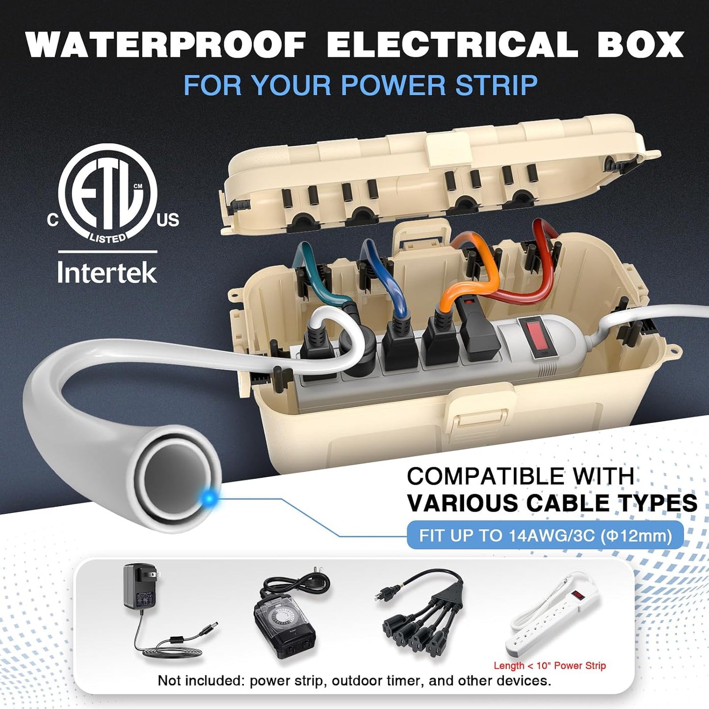 Flemoon Medium Outdoor Electrical Box, IP54 Waterproof Extension Cord Cover | Inner Size 9.4 x 4.3 x 3.2 Inch, 6 Cable Entry Ports, Weatherproof Connection Box for Outlet, Plug, Holiday Lights, Almond