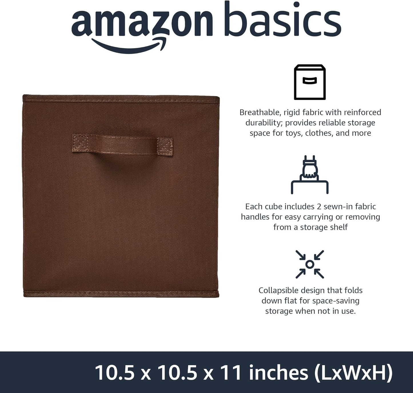 Amazon Basics Collapsible Fabric Storage Bins with Handles, Cube Organizer, Lightweight Fabric, 10.5"x10.5"x11", Brown, 6-Pack