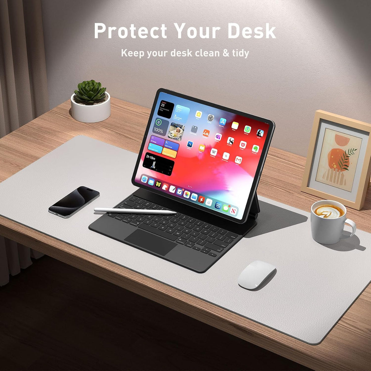 Aothia Large PU Leather Desk Pad Protector – Non-Slip Mouse Pad & Writing Mat for Office/Home, Waterproof, Easy to Clean (48" x 17", Pale Lavender White)