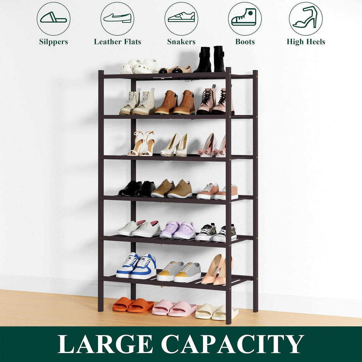 Smiry Bamboo Shoe Rack, 14 Vertical Slats, 6 Tier - 26.8" Wide, Brown