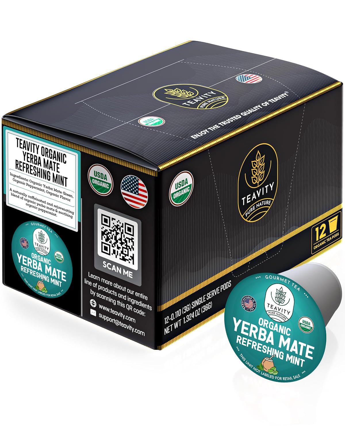 Organic Yerba Mate Refreshing Mint Tea Pods - Naturally Caffeinated Yerba Mate Tea Pod for Keurig Brewers by Teavity (24 Tea Pods)