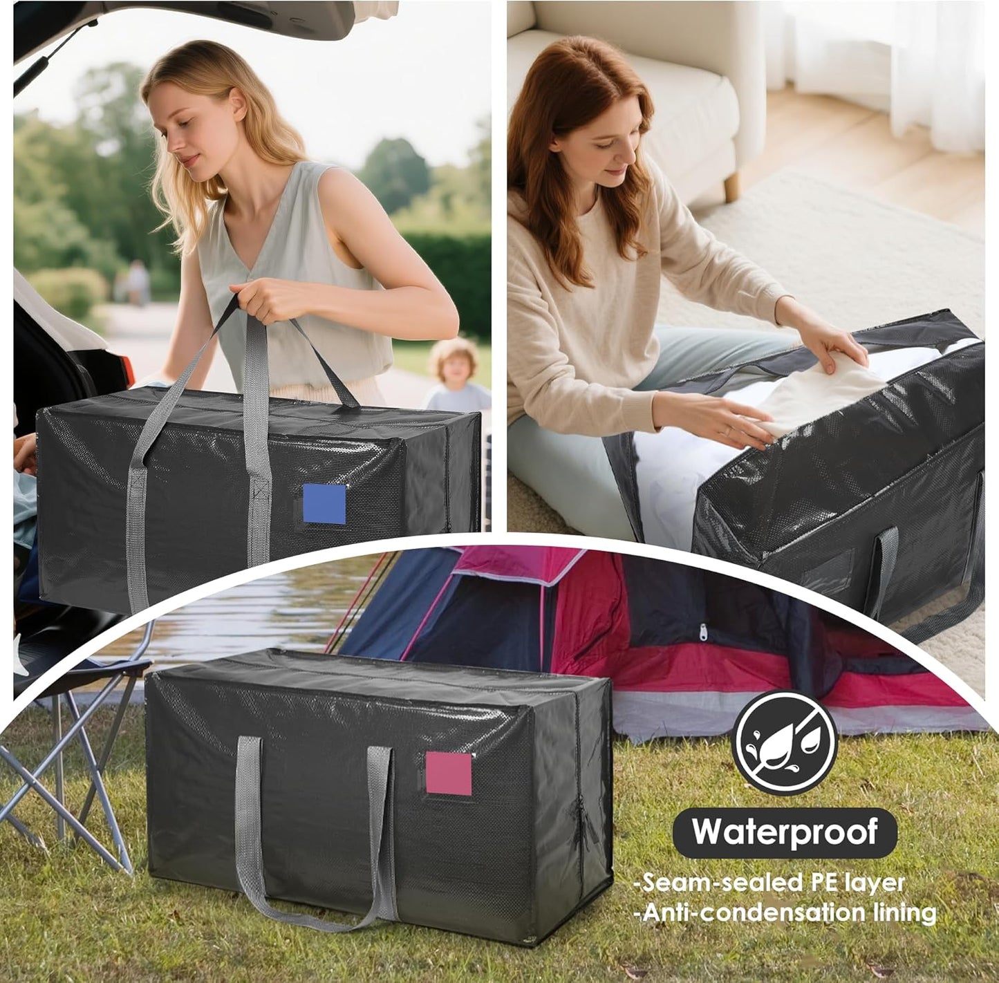 6 Pack Moving Bags with Full-Open Side Zipper, Extra Large 93L Heavy Duty Waterproof Foldable Storage Totes for College Dorm, Moving & Home Organization Gray