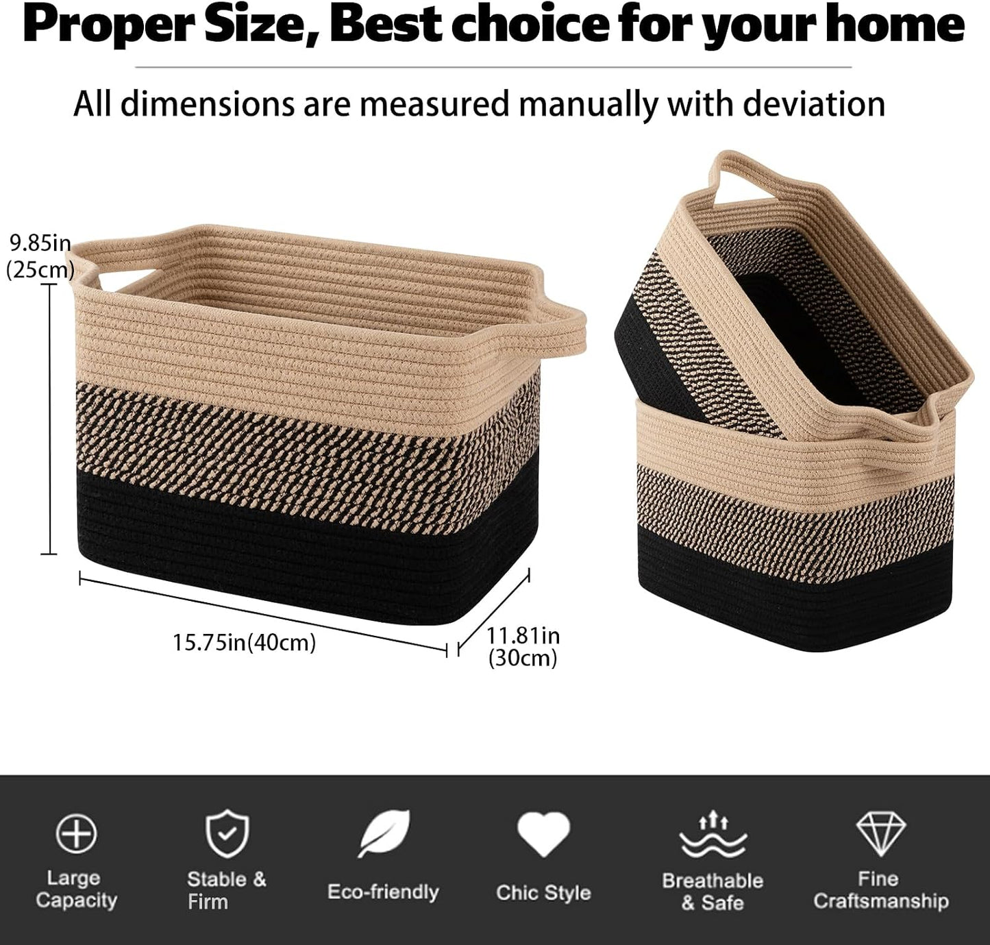 OIAHOMY Woven Storage Basket, Cotton Rope Baskets for Toys,Towel, Clothes, Used to Bathroom,Living Room,Nursery,Bedroom, 16"x12"x10"- Pack of 3, Black & Brown