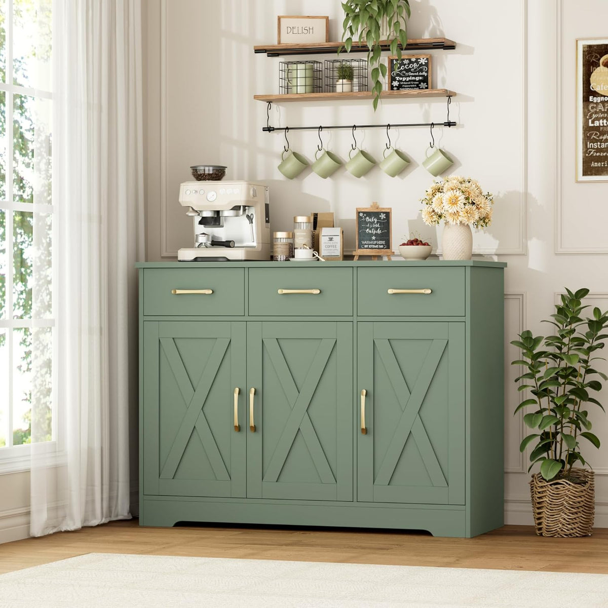 HOSTACK Kitchen Buffet Cabinet with Storage, Sideboard Coffee Bar, Green | Farmhouse Kitchen Storage Cabinet with 3 Drawers & Adjustable Shelf, 42.5"W Buffet Table for Dining Living Room