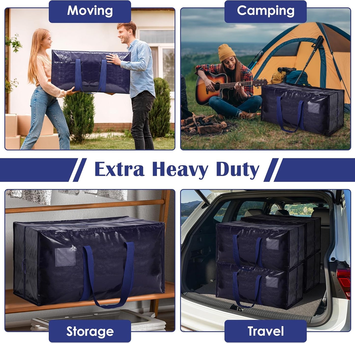 6 Pack Moving Bags Heavy Duty 210GSM with Full-Open Side Zipper, 93L 65lbs Waterproof Foldable Storage Totes for College Dorm Move-In, Moving Boxes Alternative & Home Organization, Blue