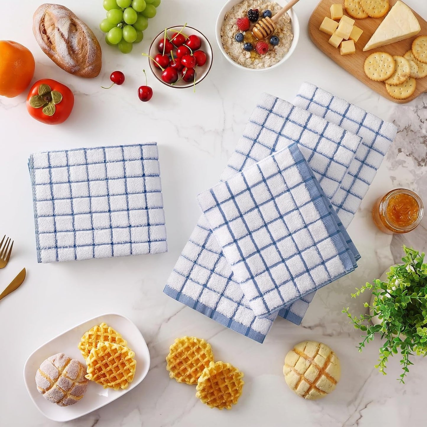 Homaxy Premium Kitchen Towels(16”x 28”, 6 Pack), Large Ring Spun Cotton Dish Towels, Super Absorbent Soft Terry Kitchen Hand Towels, Check Design Tea Towel Set with Hanging Loop, Navy Blue