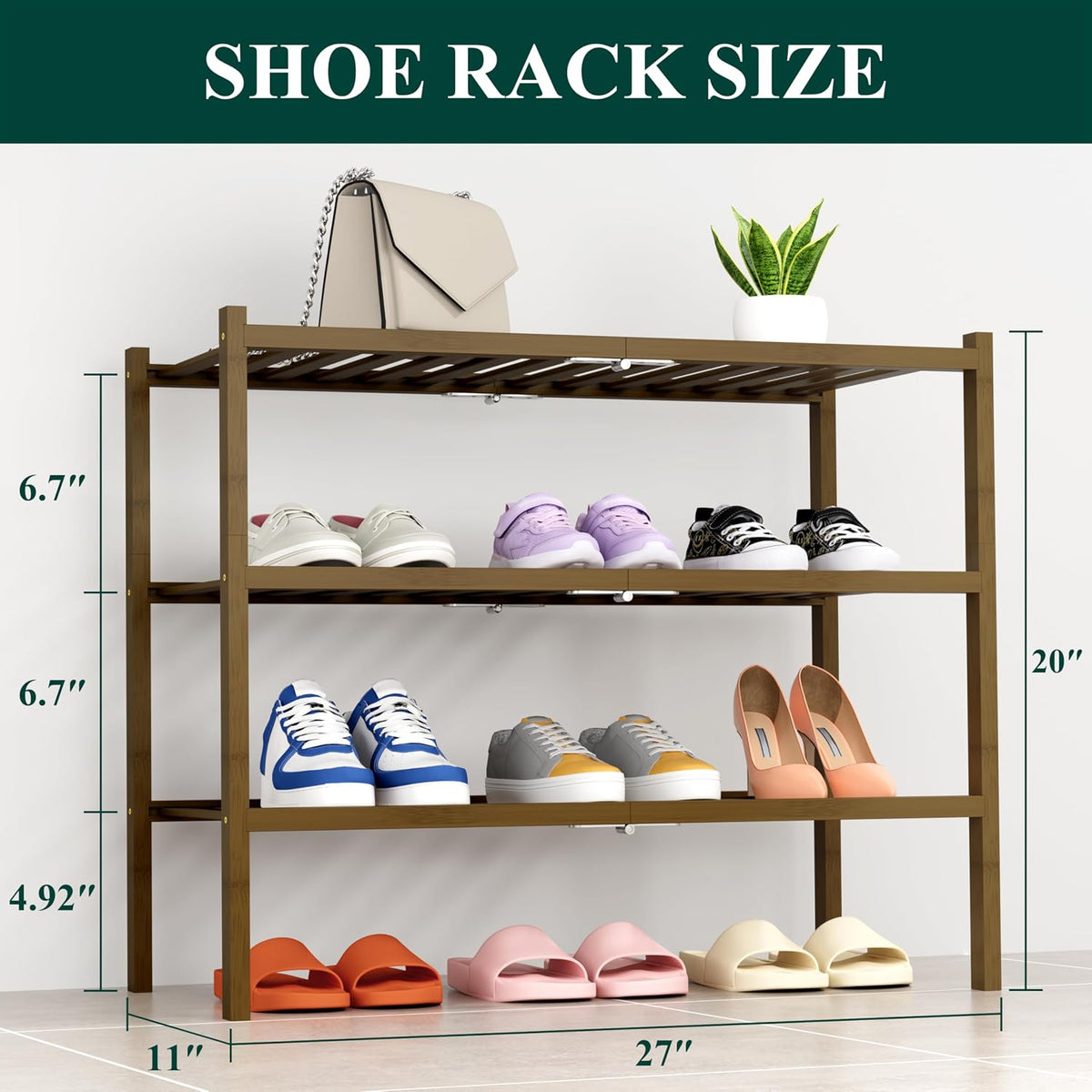 Smiry Bamboo Shoe Rack, 14 Vertical Slats, 3 Tier - 26.8" Wide, Walnut