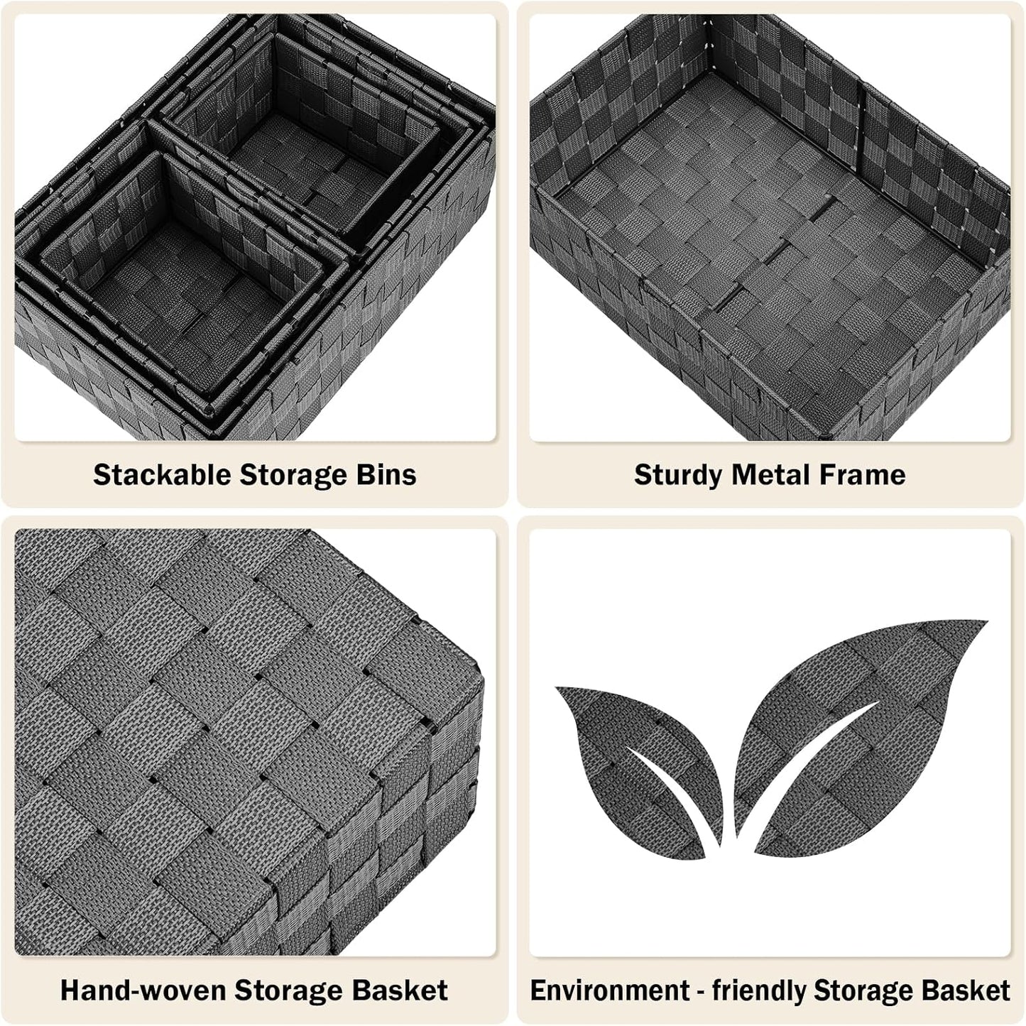 Storage Baskets: 6 Pack Stackable Woven Storage Bins, Black