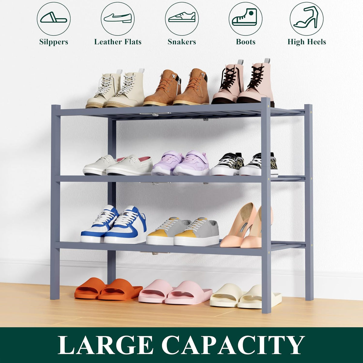 Smiry Bamboo Shoe Rack, 14 Vertical Slats, 3 Tier - 26.8" Wide, Grey