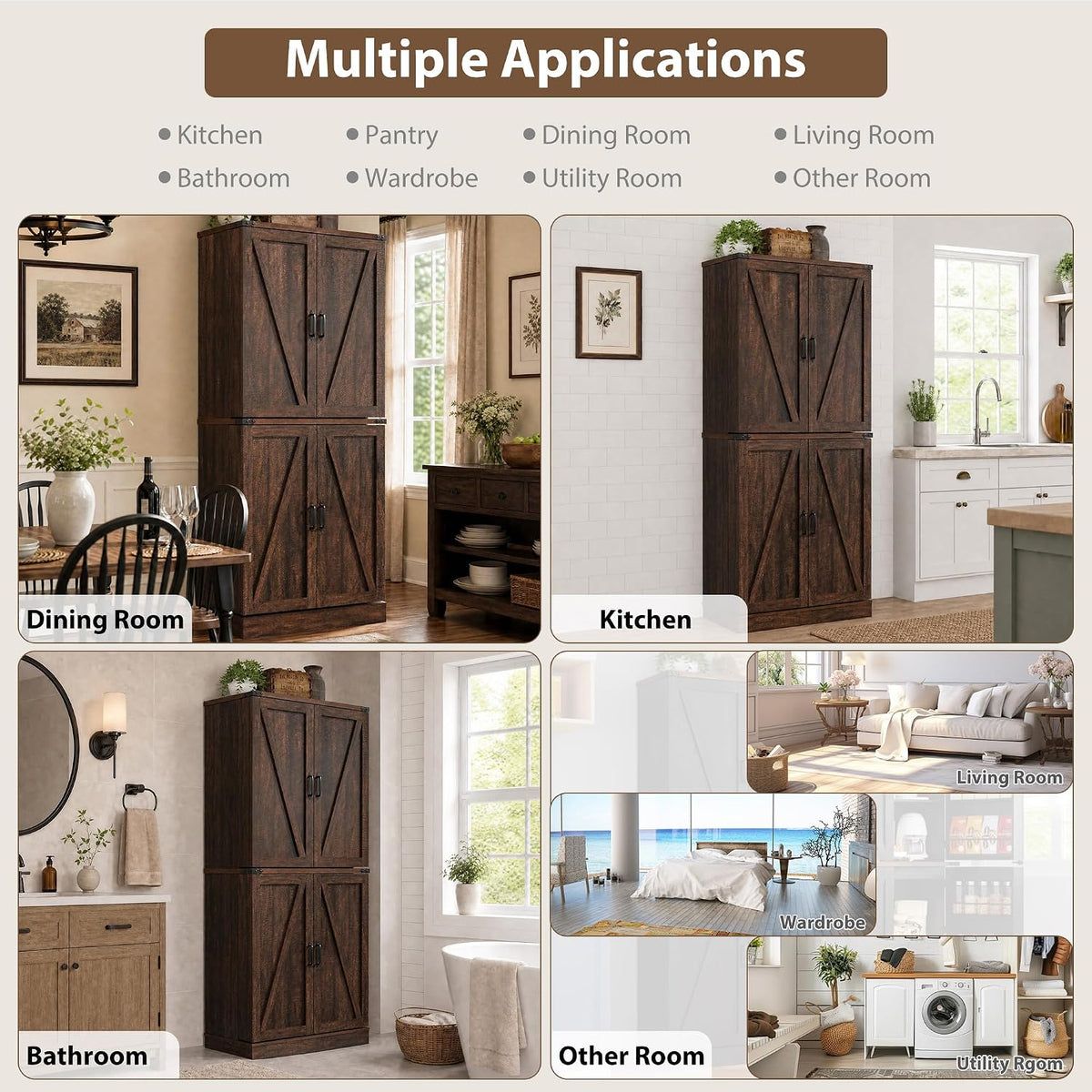 71" Tall Kitchen Pantry Cabinet, Farmhouse Tall Kitchen Storage Cabinet with Adjustable Shelves & 4 Barn Style Doors, Wooden Storage Cabinet for Kitchen, Dining Room, Living Room, Bathroom, Office