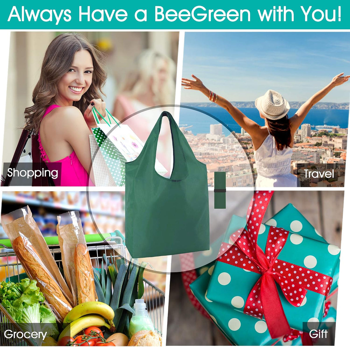 BeeGreen Reusable Bags for Shopping Machine Washable 12 Pack Xlarge Grocery bags Reusable Heavy Duty Folding with Elastic Band Colorful Tote Gift Bags Lightweight Durable Polyester