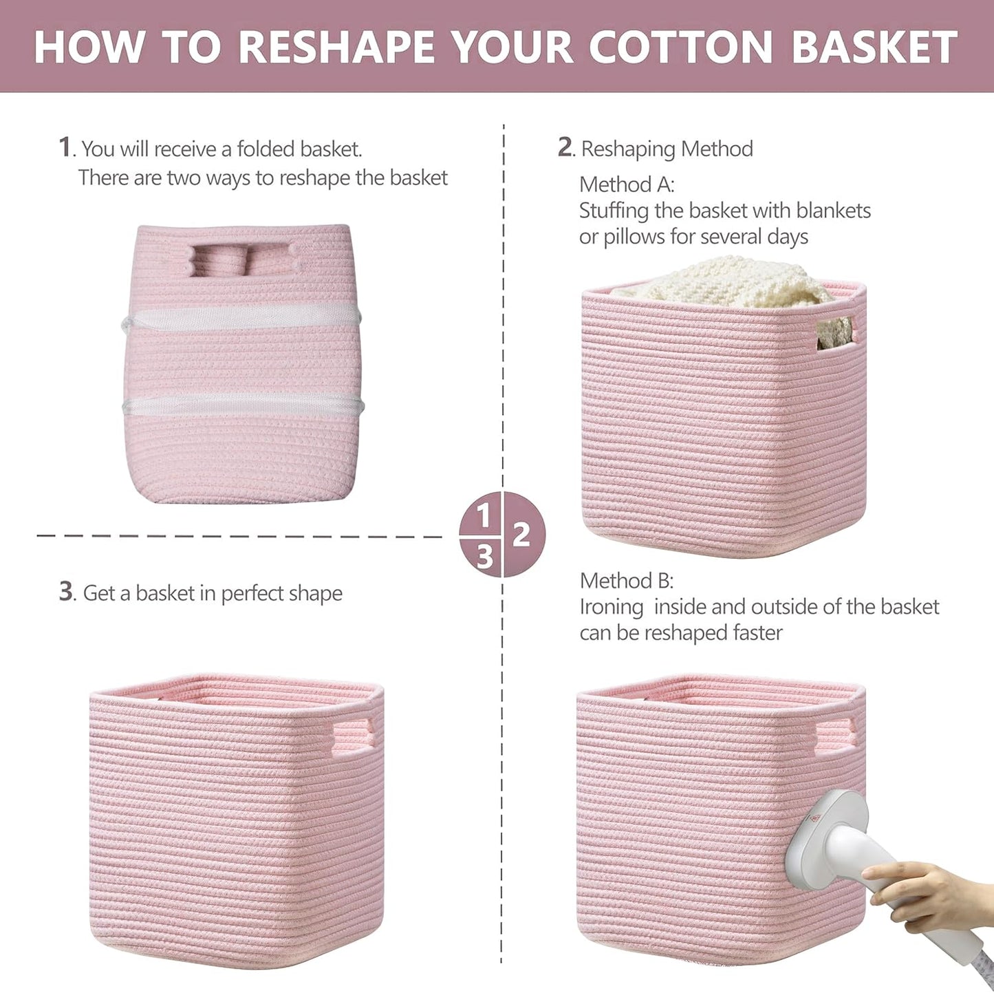 UBBCARE Storage Cubes 11 Inch, Cotton Rope Woven Baskets for Organizing, Cube Storage Bin for Baby Nursery, 2-Pack Square Toy Storage Baskets for Shleves Organizer, Closet, Kidsroom, Pink