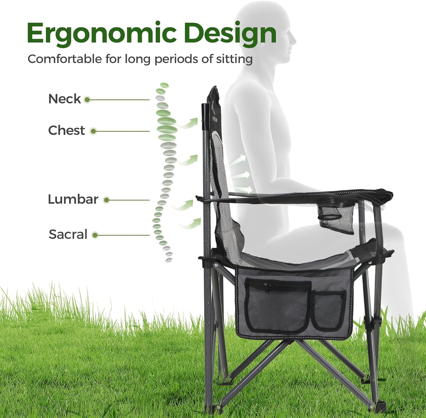 ALPHA CAMP Heavy Duty Camping Chair 500LBS Capacity, Oversized Folding Chair for Heavy People, Padded Portable Outdoor Chair with Cooler Bag & Cup Holder for Camping, Fishing, Beach